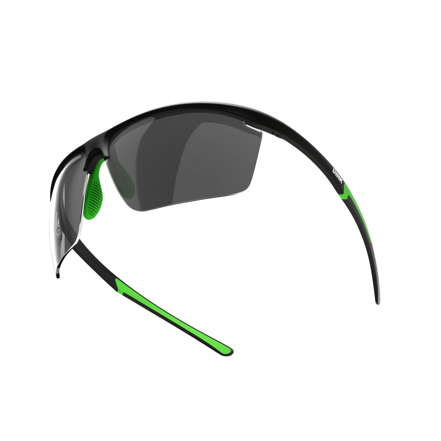 The Dink Eyewear Daytona Petite Large RX Sunglasses in Black/Green feature green lenses and a semi-rimless sporty wrap frame, ideal for outdoor adventures.