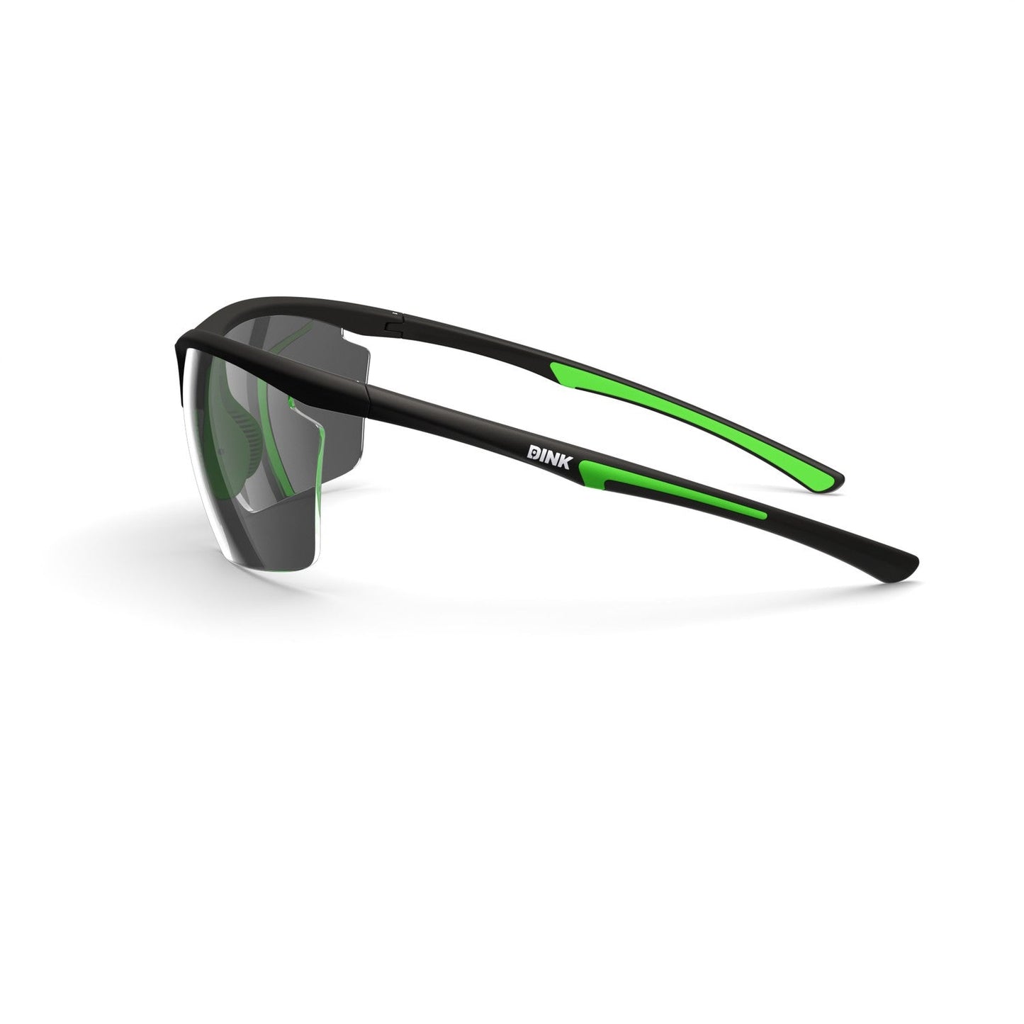 Daytona Petite Large RX Pickleball Sunglasses by Dink Eyewear feature a black wraparound frame with neon green accents, dark tinted lenses, and thin arms marked "PINK" in white—ideal sporty eyewear for pickleball.