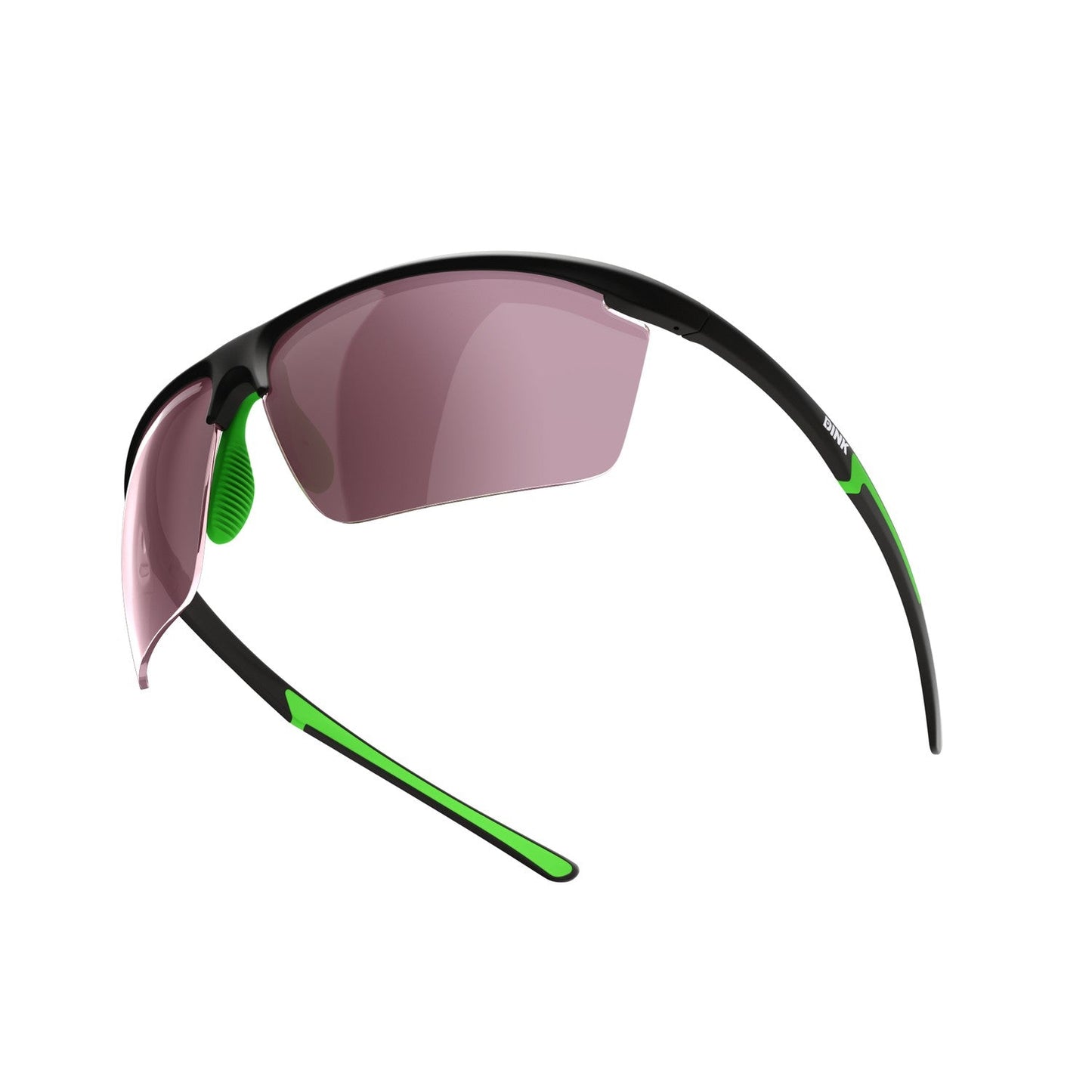 The Daytona Petite Large RX Sunglasses by Dink Eyewear feature a sleek black/green sporty wrap design with pink-tinted semi-rimless lenses and gently curved arms for a secure, lightweight fit ideal for pickleball.