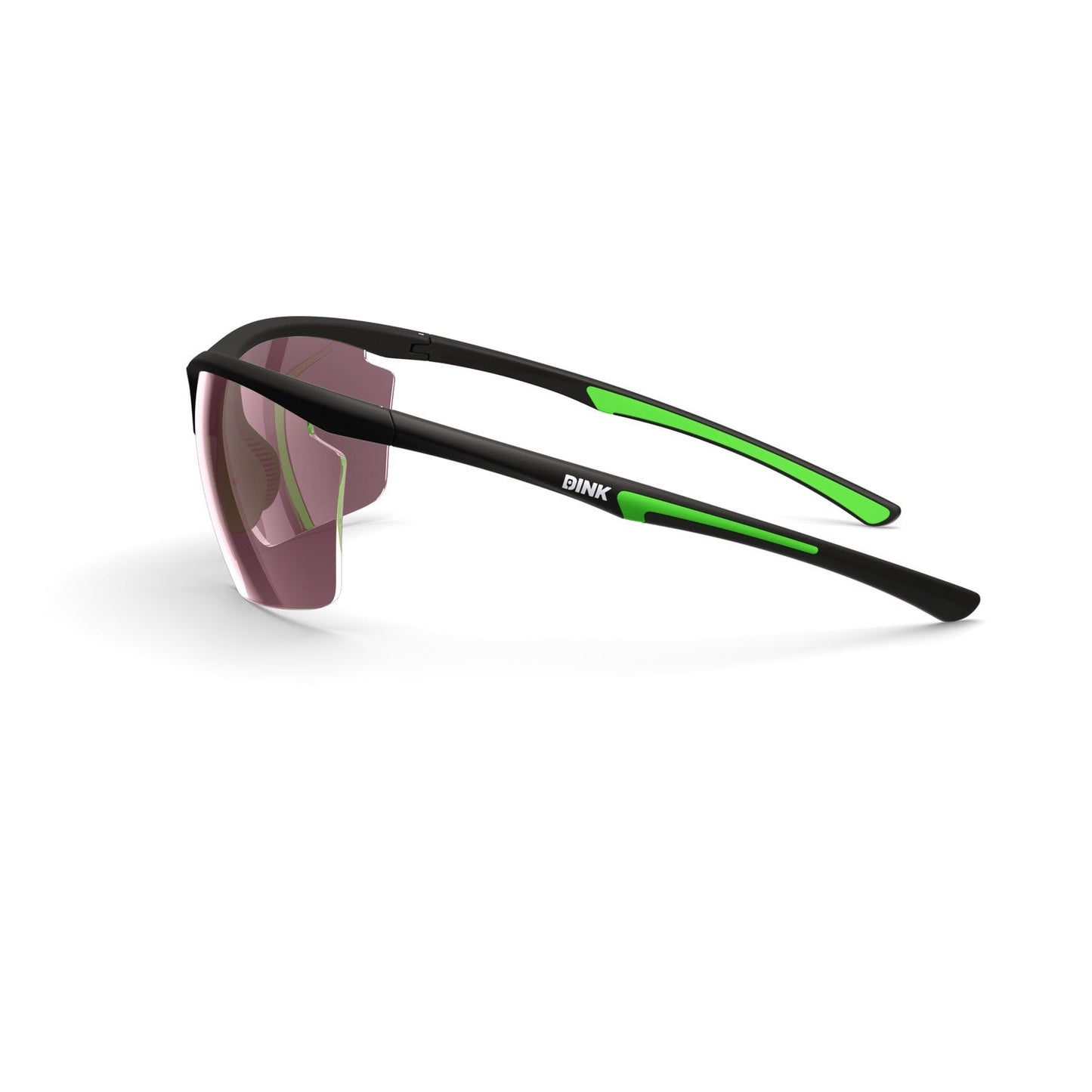 The Daytona Petite Large Pickleball Sunglasses by Dink Eyewear feature a sporty wrap design with black frames, green arm accents, and semi-rimless purple lenses—sleek, lightweight eyewear ideal for active days. Brand name in white on the arm.
