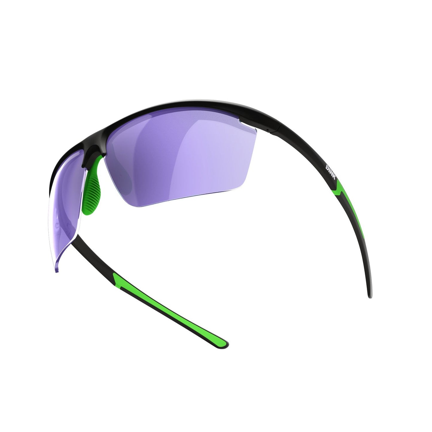 The Dink Eyewear Daytona Petite Large RX Sunglasses in Black/Green feature a semi-rimless frame, curved purple lenses, and bright green accents. The sleek, aerodynamic wrap design is ideal for sports or as pickleball sunglasses.