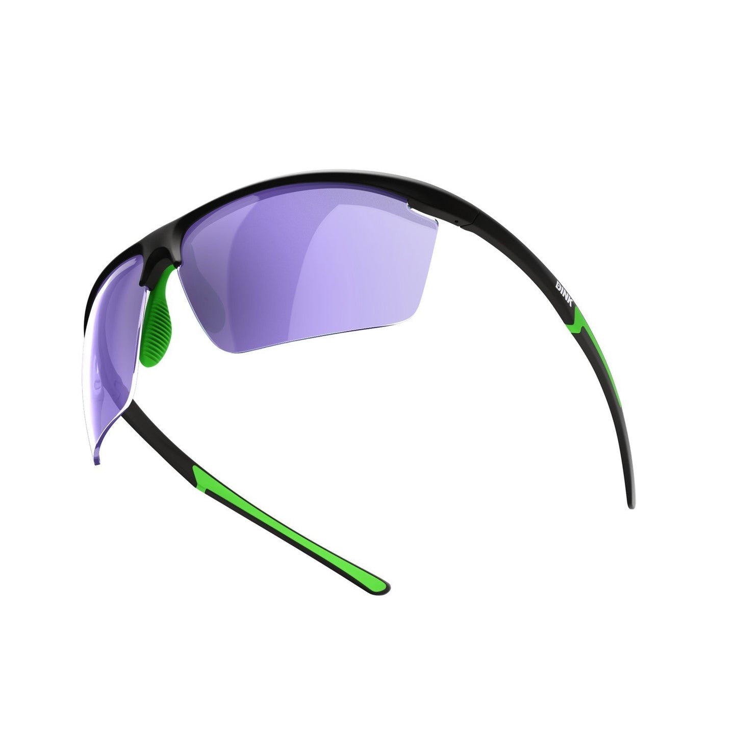 The Dink Eyewear Daytona Petite Large Pickleball Sunglasses in Black/Green feature a sporty, semi-rimless design with purple-tinted lenses and bright green accents—ideal lightweight eyewear for high-performance pickleball play.