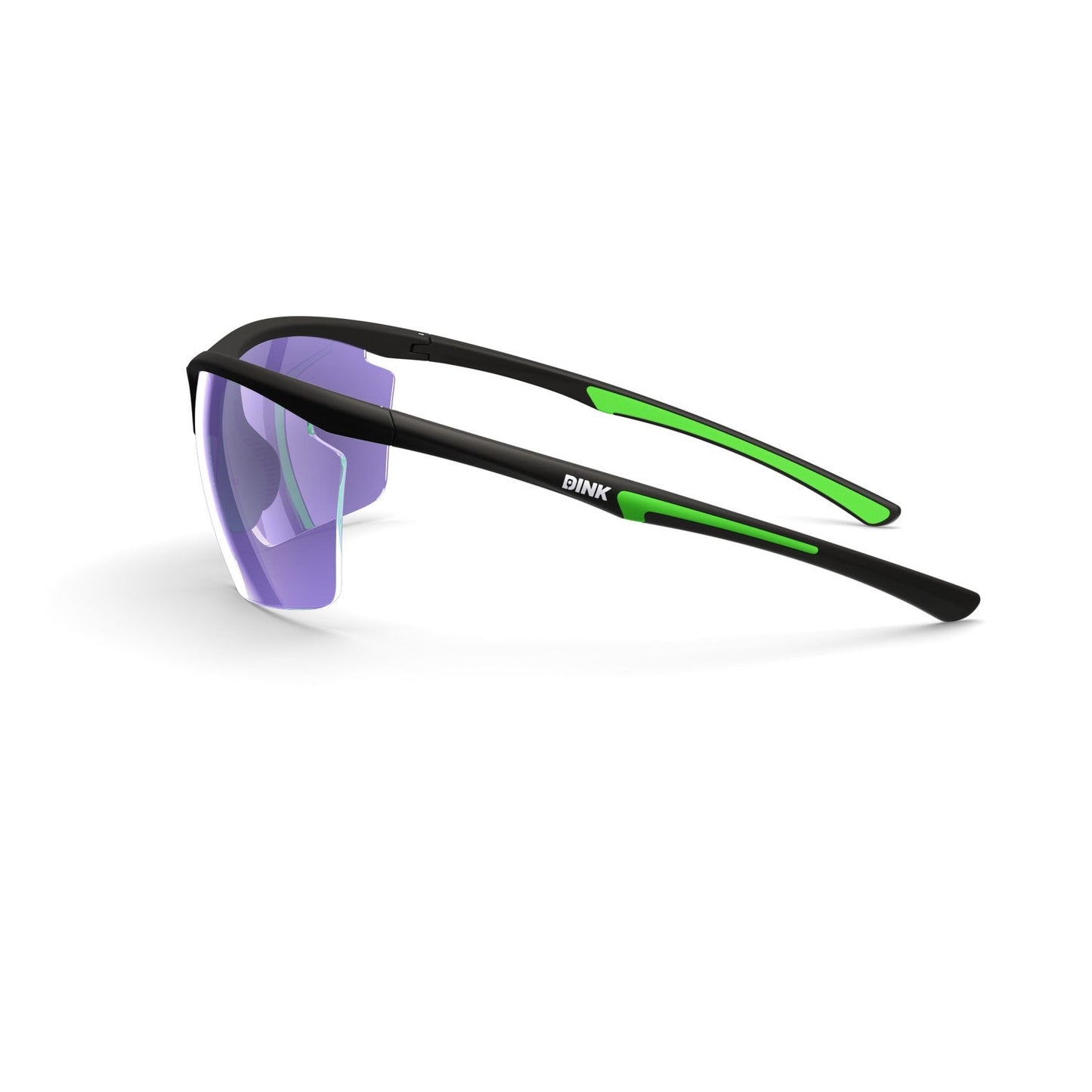 The Dink Eyewear Daytona Petite Large RX Pickleball Sunglasses in black and green feature a sporty wrap design, purple-tinted curved lenses, and the BINK logo on the left temple, stylishly angled on a white background.