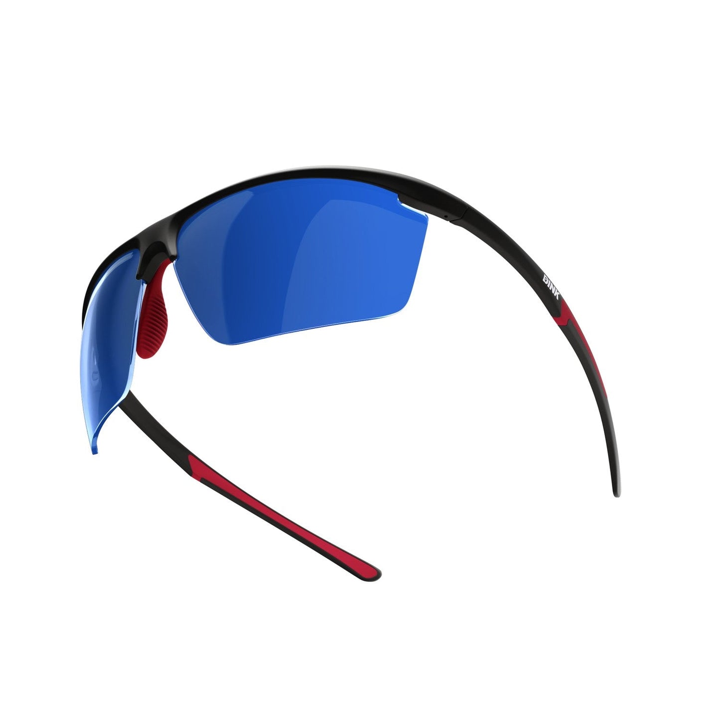Dink Eyewear’s Daytona Petite Large RX Sunglasses in Black/Red feature a sporty wrap design, curved black frames, vivid blue semi-rimless lenses, and bold red accents on the arms and nose pads, shown from a rear-side angle against a white background.