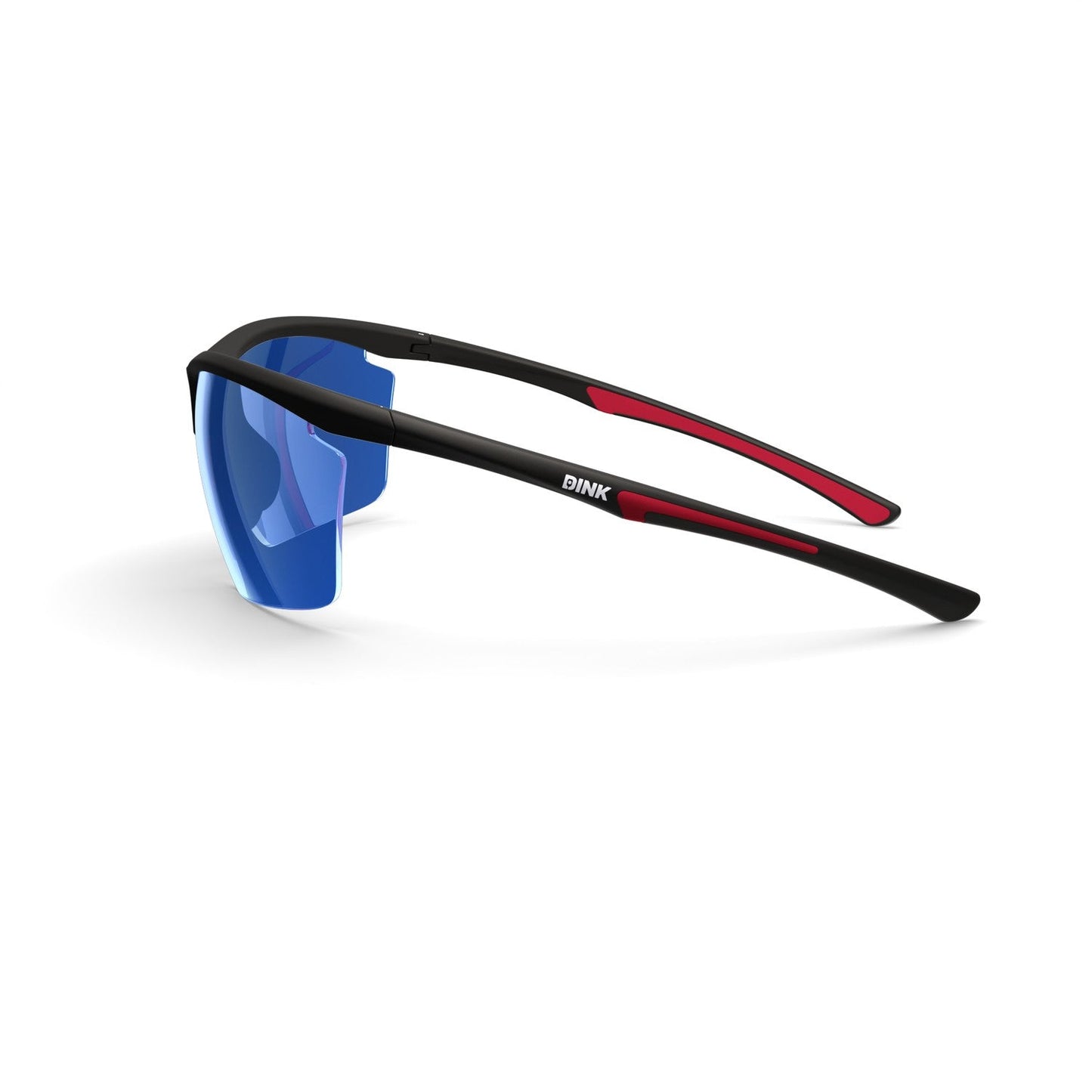 The Dink Eyewear Daytona Petite Large Pickleball Sunglasses in Black/Red feature a sporty wrap design, thin black frame with red accents, blue-tinted wraparound lens, curved lightweight semi-rimless build, and bold branding.