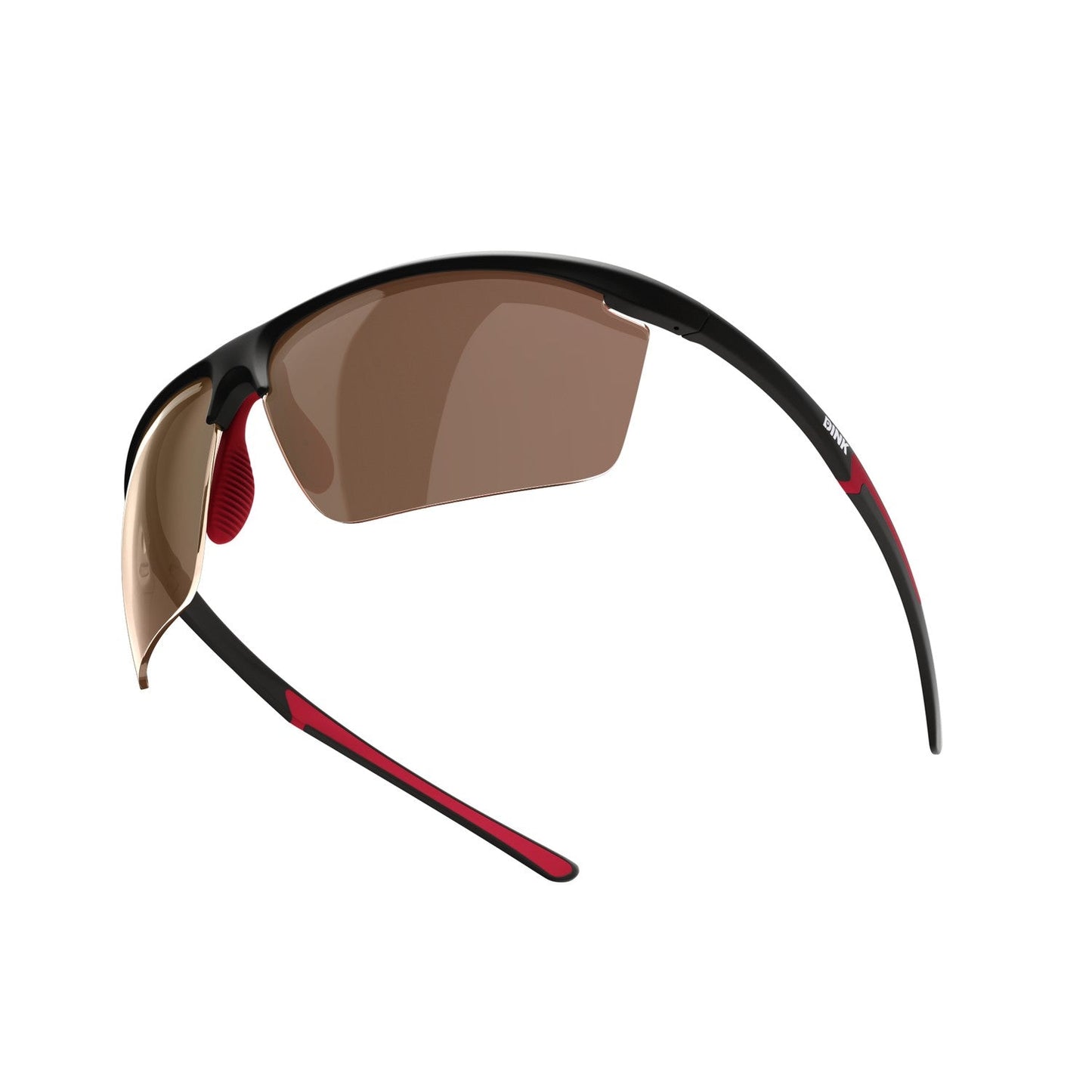 The Dink Eyewear Daytona Petite Large Sunglasses in black and red feature a semi-rimless sporty wrap design with brown-tinted lenses, red nose pads, and temple accents—ideal pickleball glasses shown side-on against a white background.