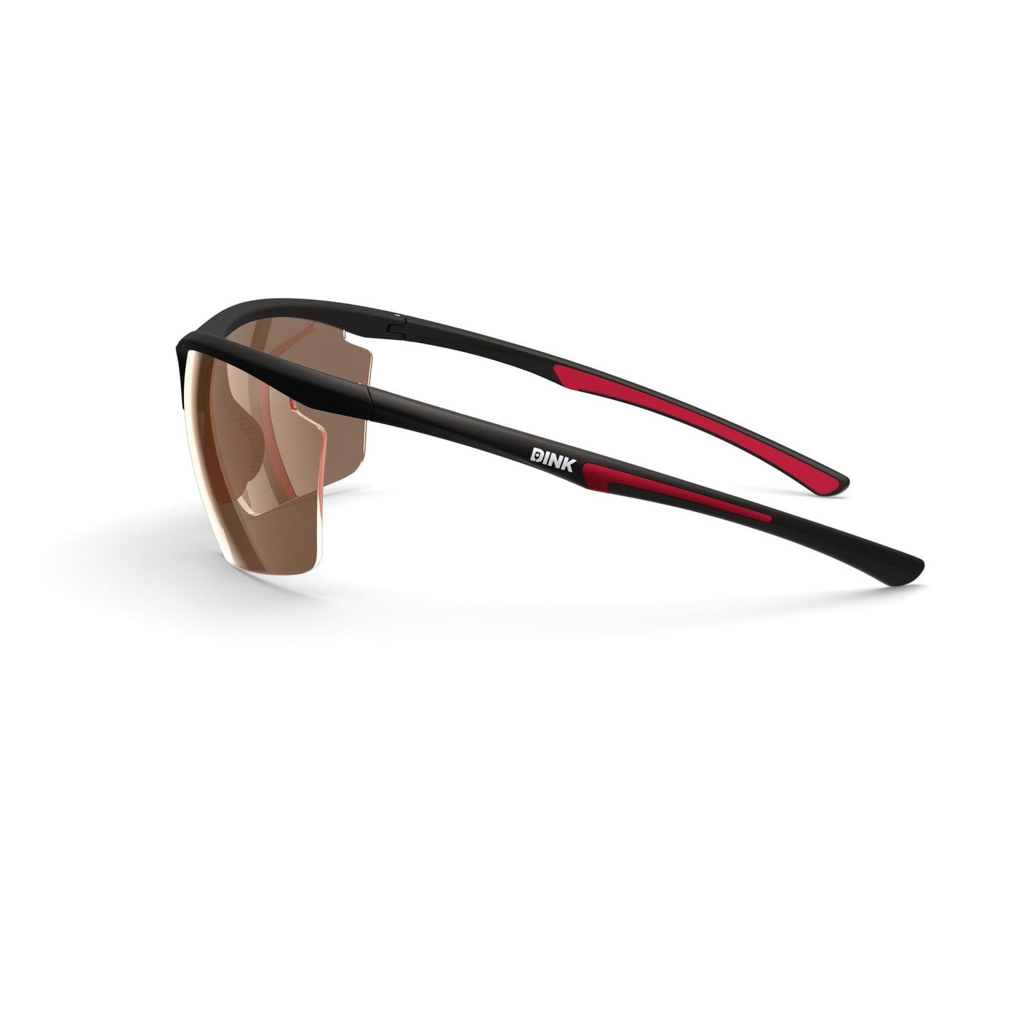The Daytona Petite Large Sunglasses by Dink Eyewear feature a sporty black frame with red temple accents and large brown lenses for full coverage—perfect for pickleball. "Dink" is printed in white on the side of the left arm.