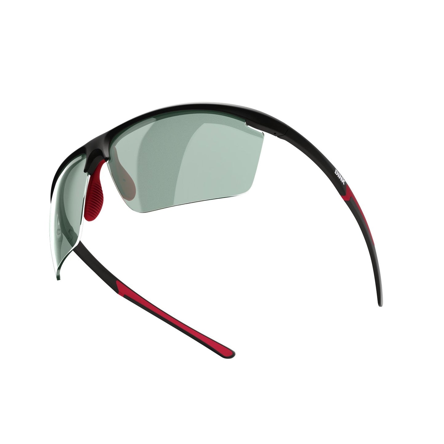 The Dink Eyewear Daytona Petite Large Pickleball Sunglasses feature semi-rimless, lightweight black frames with red accents and green wraparound lenses for a sporty, aerodynamic fit.