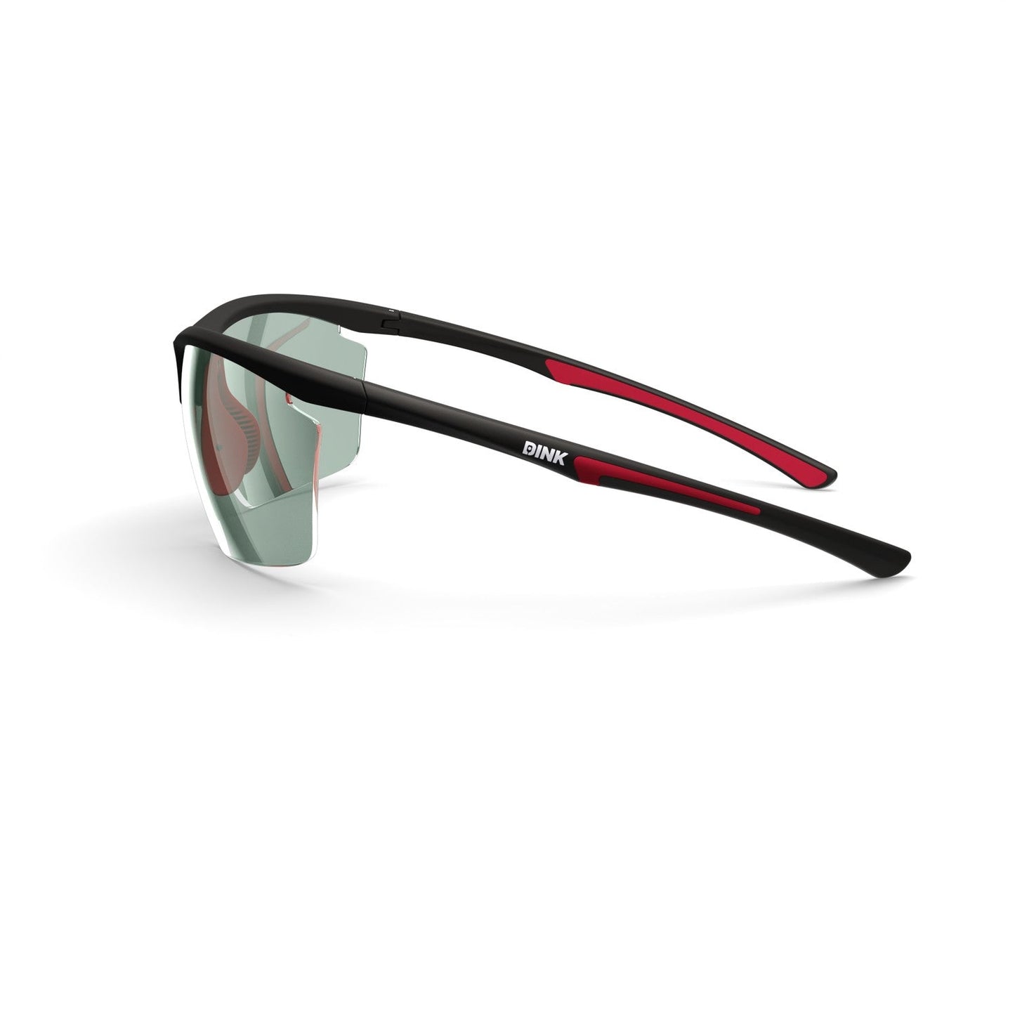 Dink Eyewear's Daytona Petite Large RX Pickleball Sunglasses in Black/Red feature a semi-rimless wraparound design, reflective lenses, red temple details, and "PINK" in white on the right temple—ideal for pickleball play.