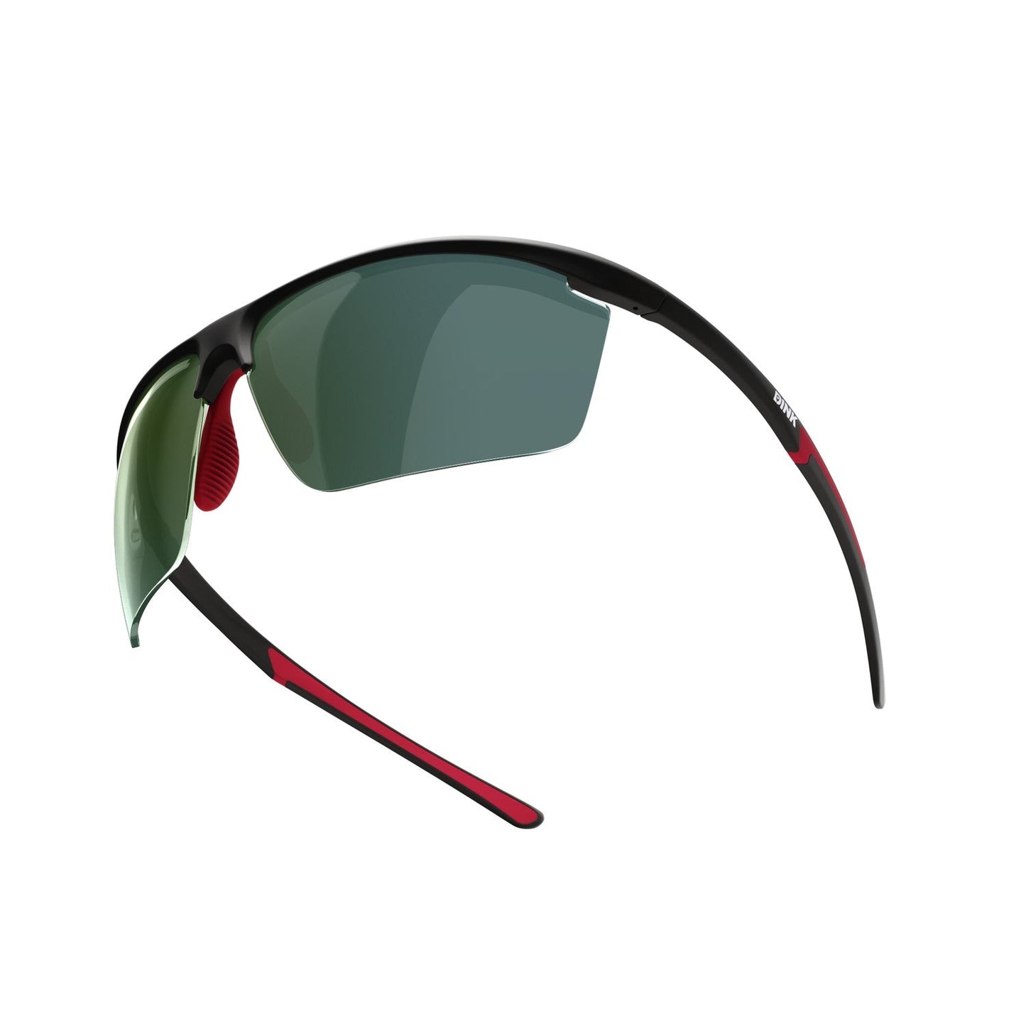 The Dink Eyewear Daytona Petite Large Sunglasses feature a black frame, green-tinted semi-rimless lenses, and red accents. With a sleek wrap design, they're perfect for sports and outdoor activities.