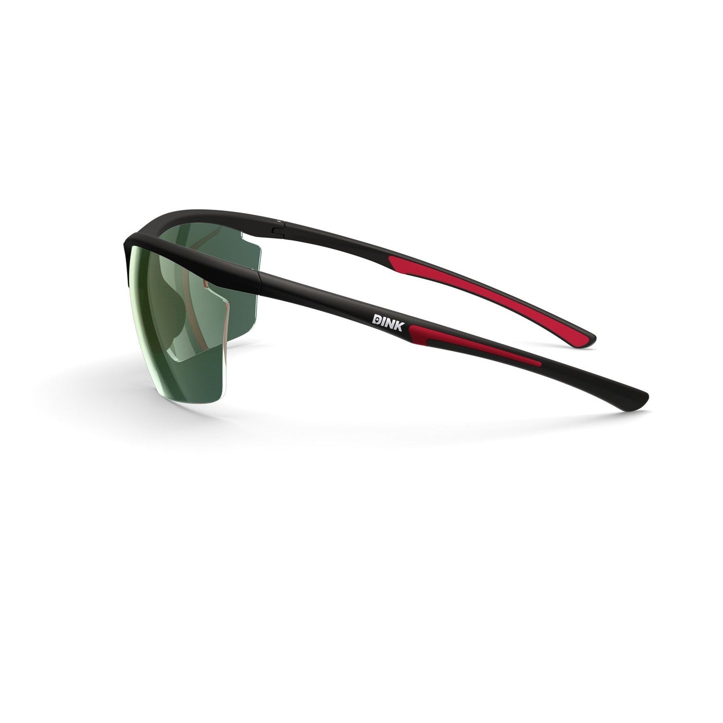 The Daytona Petite Large Pickleball Sunglasses by Dink Eyewear feature a matte black frame with red accents, green-tinted lenses, and curved arms with "DINK" in white on the temple. Sporty wrap design; shown on a white background.