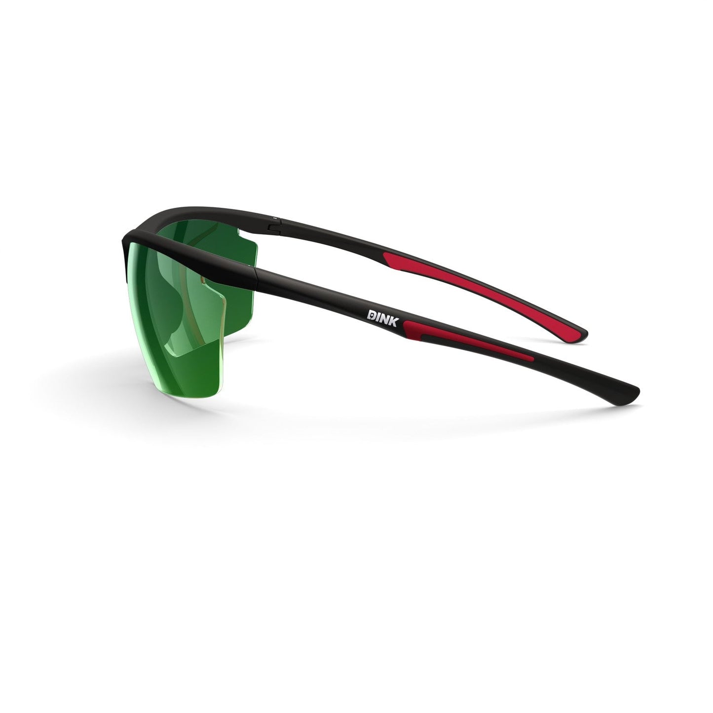 Daytona Petite Large RX Sunglasses by Dink Eyewear feature a sporty black frame, green semi-rimless wraparound lenses, and red temple accents. "Dink" in white appears on the side. Shown angled on a white background.