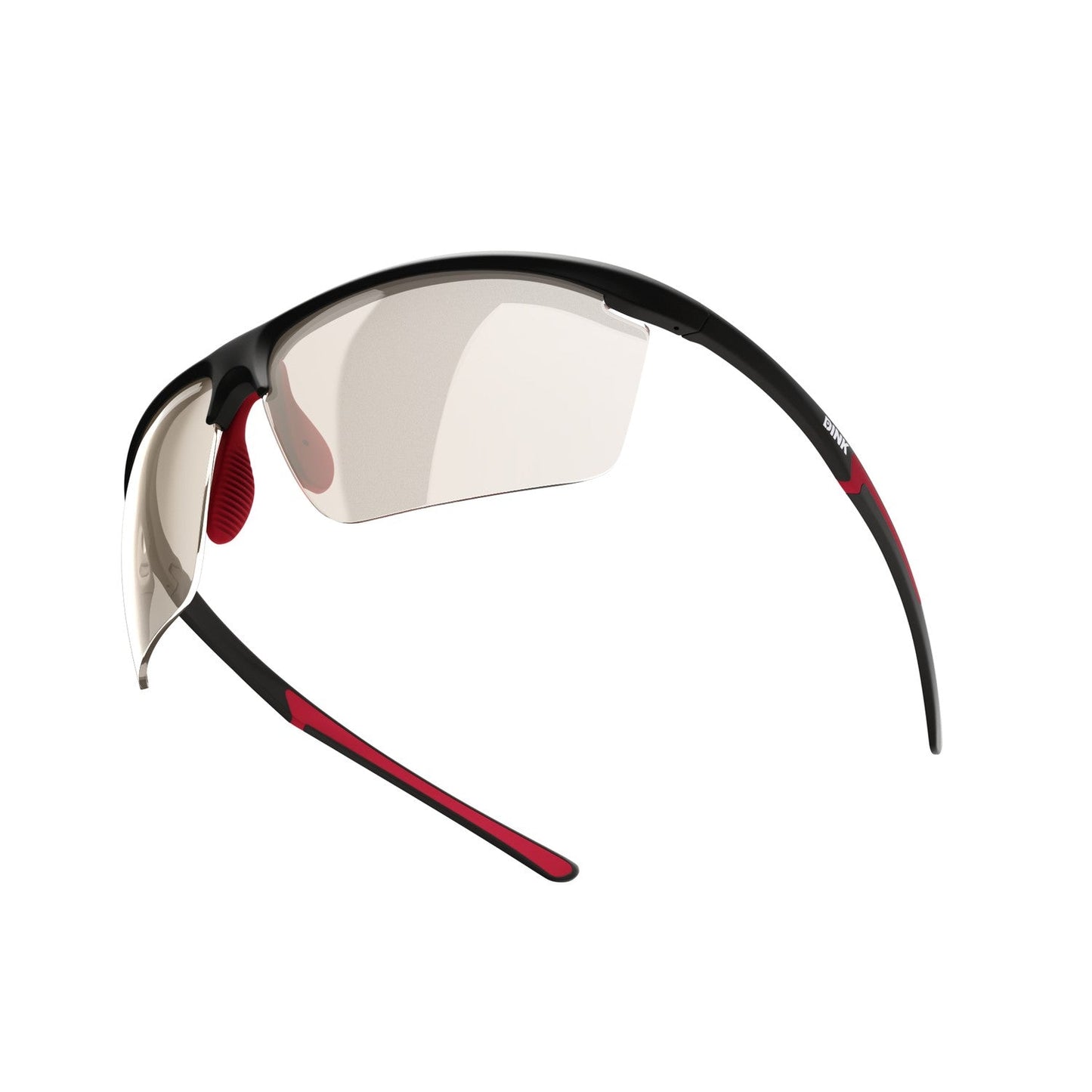 The Dink Eyewear Daytona Petite Large Sunglasses in Black/Red feature a semi-rimless sporty design with red accents, tinted lenses, and a wrap style—perfect for pickleball players and outdoor activities.
