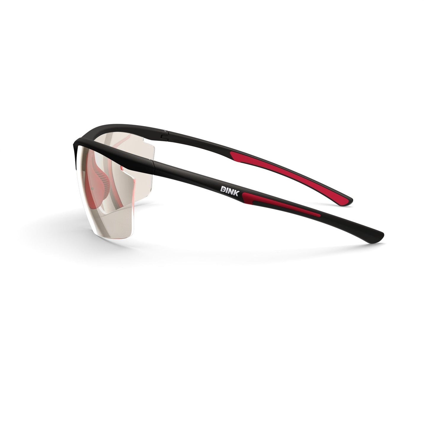 The Daytona Petite Large Sunglasses by Dink Eyewear feature a black frame, red inner arms, semi-rimless tinted lenses, and a sporty wrap design with "DINK" on the left arm—ideal for pickleball and other athletic activities.