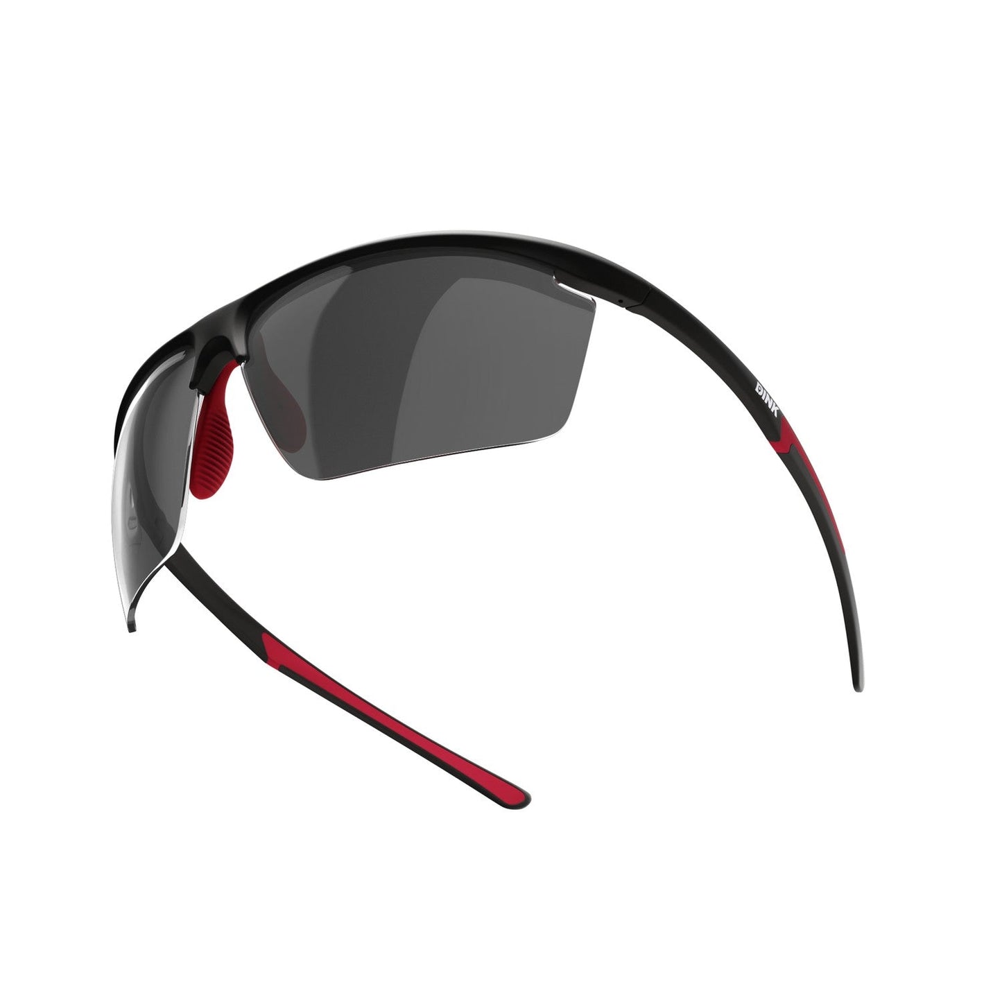 The Dink Eyewear Daytona Petite Large RX Sunglasses in Black/Red offer a sporty wrap design with dark lenses and slim curved arms, featuring red accents—ideal performance sunglasses for pickleball or other athletic activities.