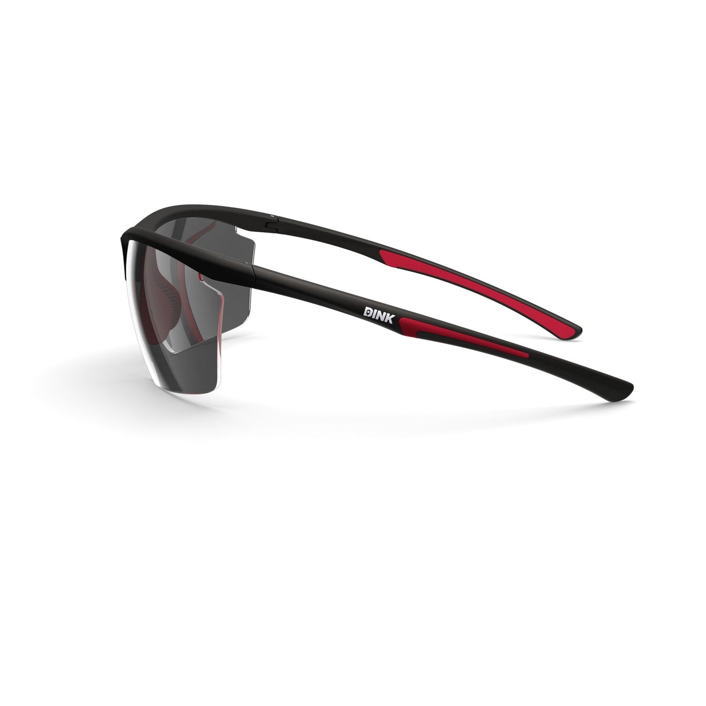 The Daytona Petite Large Sunglasses by Dink Eyewear feature a sleek black wrap design with red temple accents, curved semi-transparent lenses, and a modern aerodynamic look. The Dink logo is printed in white on the temples.
