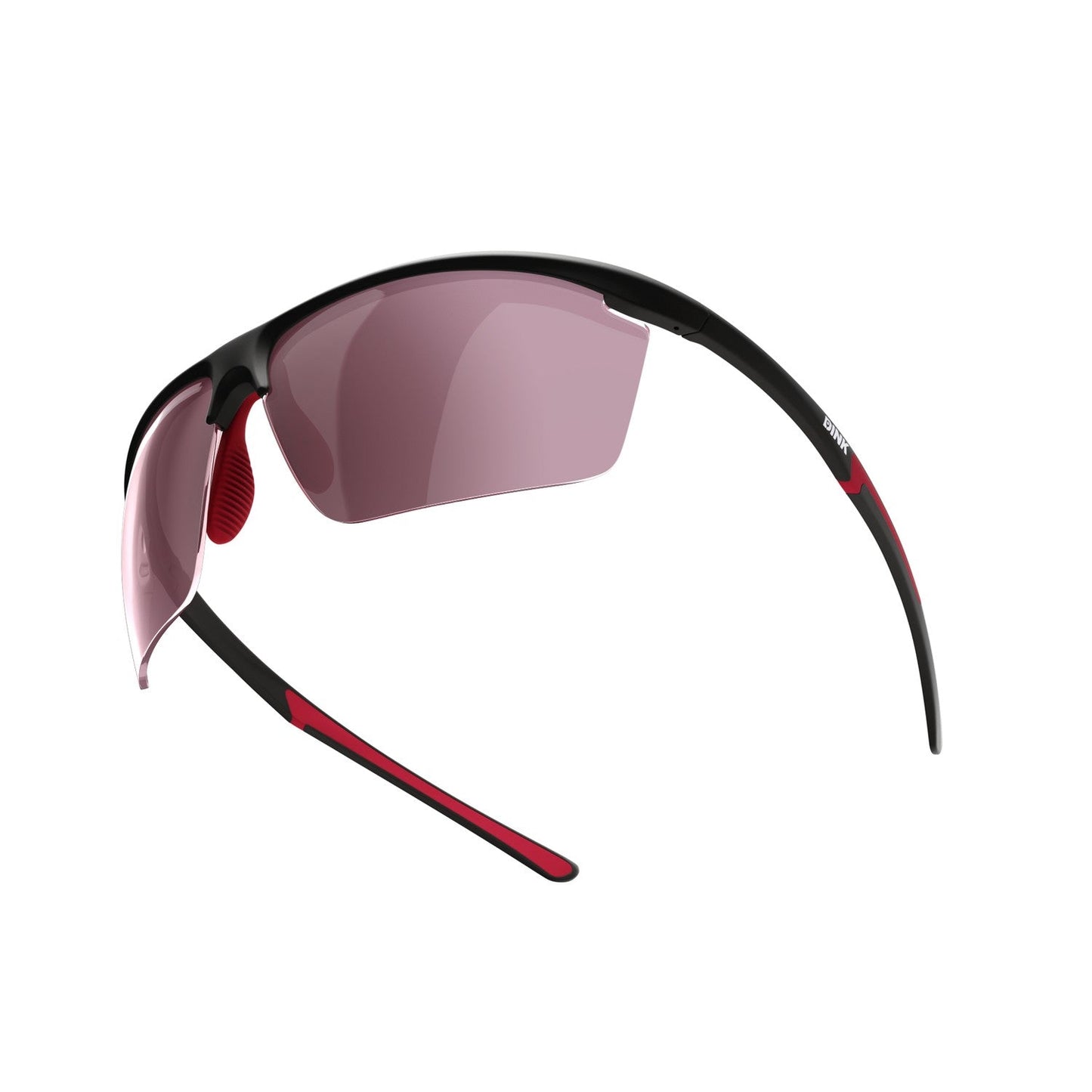 The Daytona Petite Large Pickleball Sunglasses by Dink Eyewear feature a sleek black/red semi-rimless wrap design, curved arms, and pink-tinted lenses—ideal sporty eyewear for modern athletic activities.