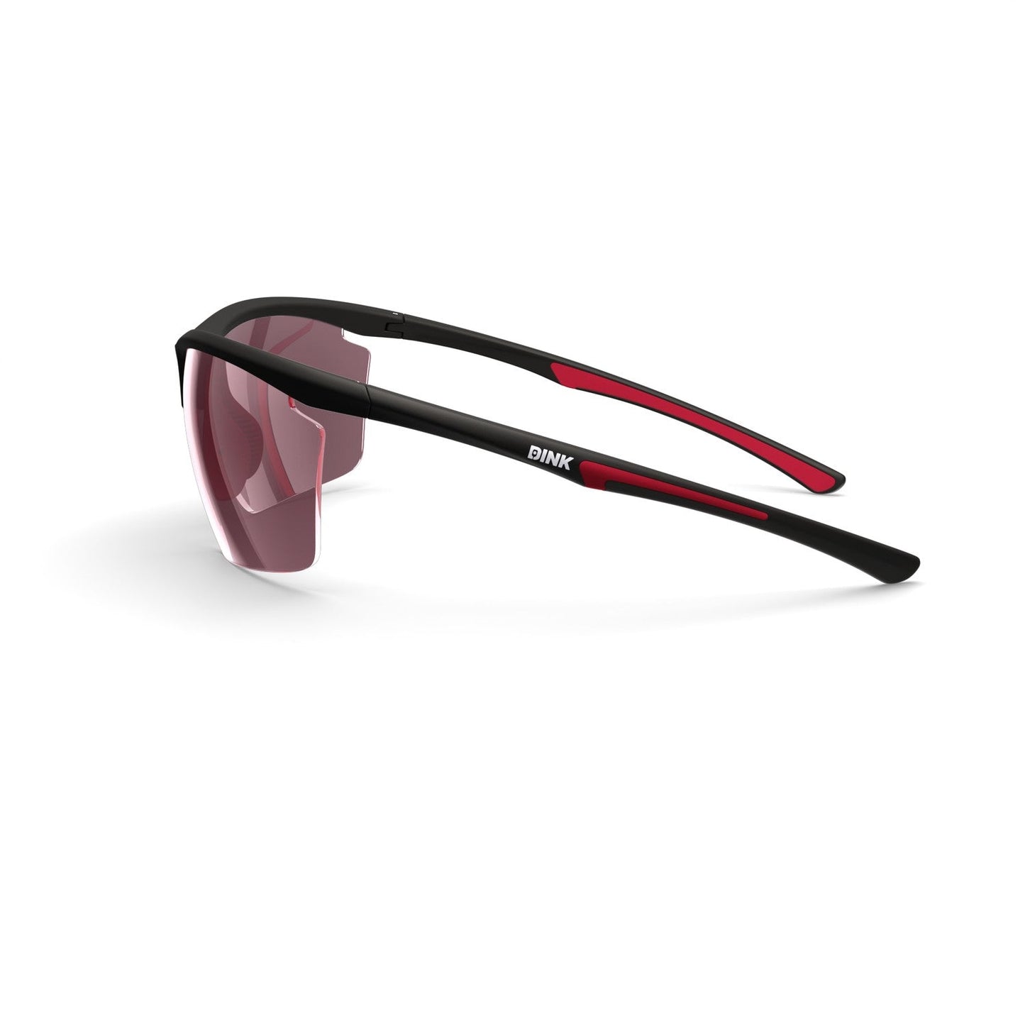 The Daytona Petite Large Sunglasses from Dink Eyewear feature a black sporty wrap design, red-accented curved arms, and a semi-rimless pink-tinted lens—ideal as pickleball glasses—with "BINK" in white on the right arm.