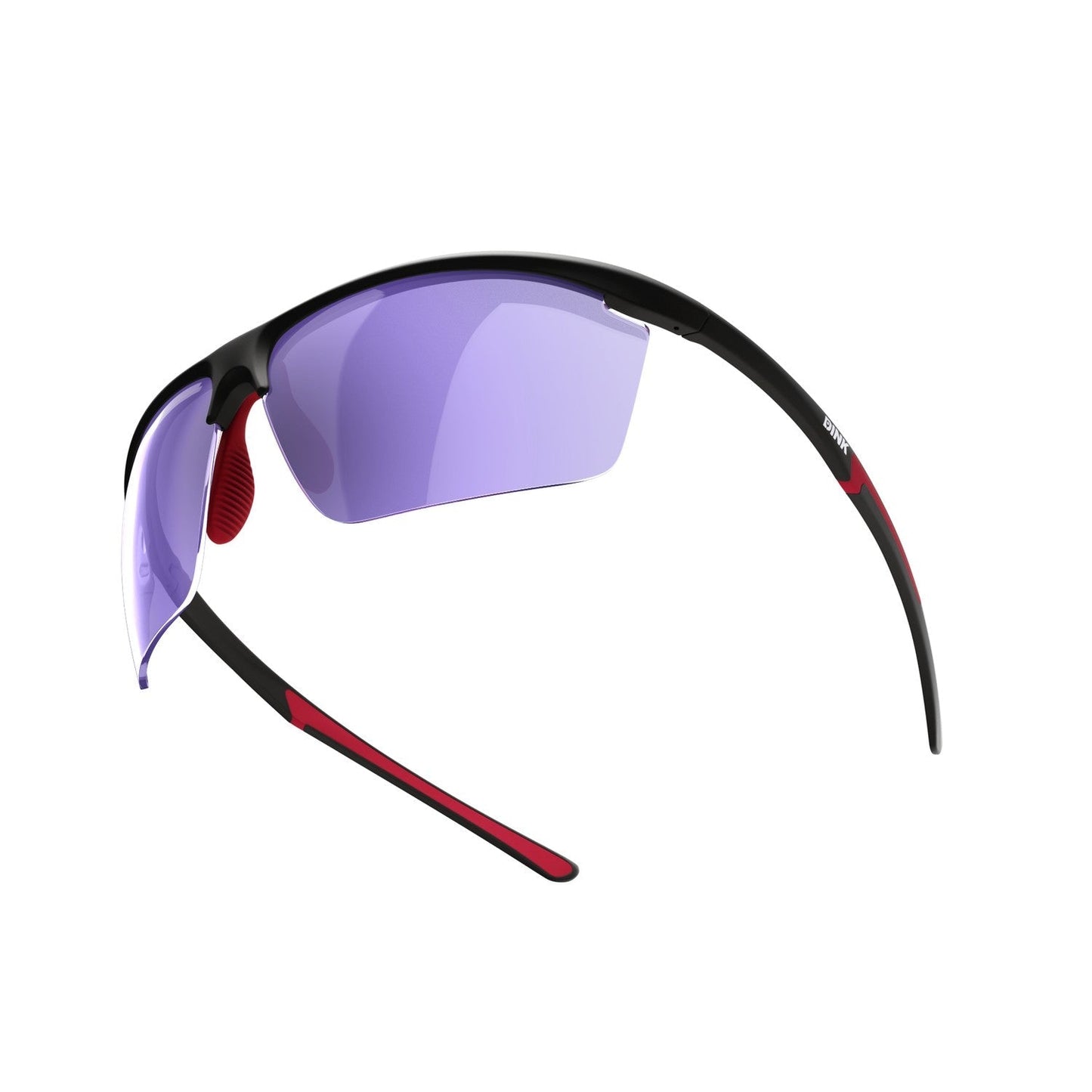 The Dink Eyewear Daytona Petite Large Pickleball Sunglasses in Black/Red have a semi-rimless, sporty design with a black frame, red accents and nose pads, comfy wraparound fit, and translucent purple lenses.