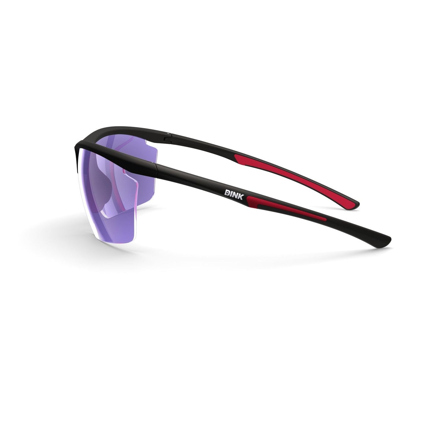 The Daytona Petite Large Pickleball Sunglasses by Dink Eyewear feature a sporty black/red frame, semi-transparent purple-tinted lenses, slim arms with red accents, and “PINK” in white—ideal lightweight eyewear for pickleball enthusiasts.