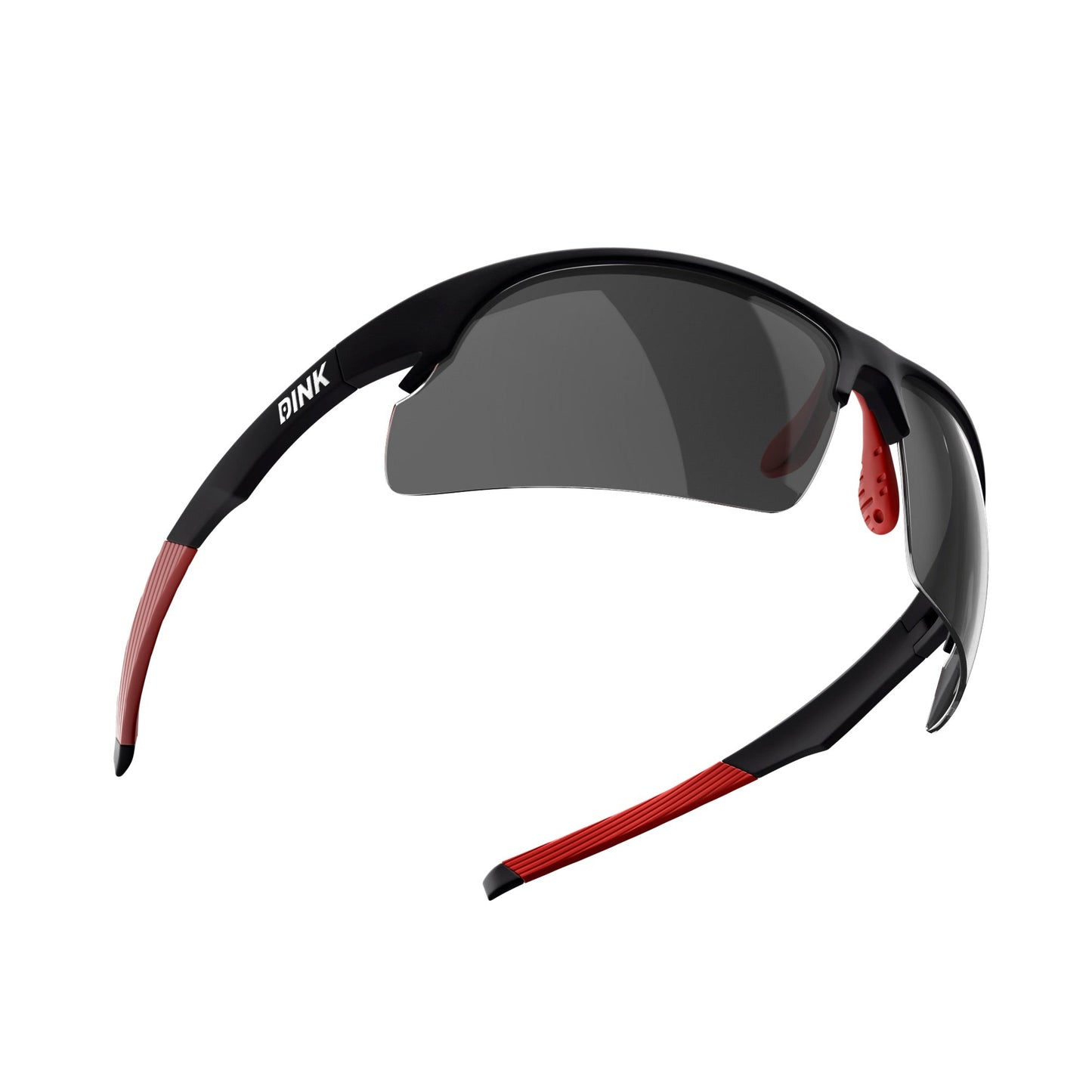 The Dink Eyewear Daytona Pickleball Sunglasses in Black/Red feature a sporty, lightweight design with dark, curved lenses, red rubber grips on the arms and nose pads, and 'OINK' in white on the left arm. Shown on a white background.