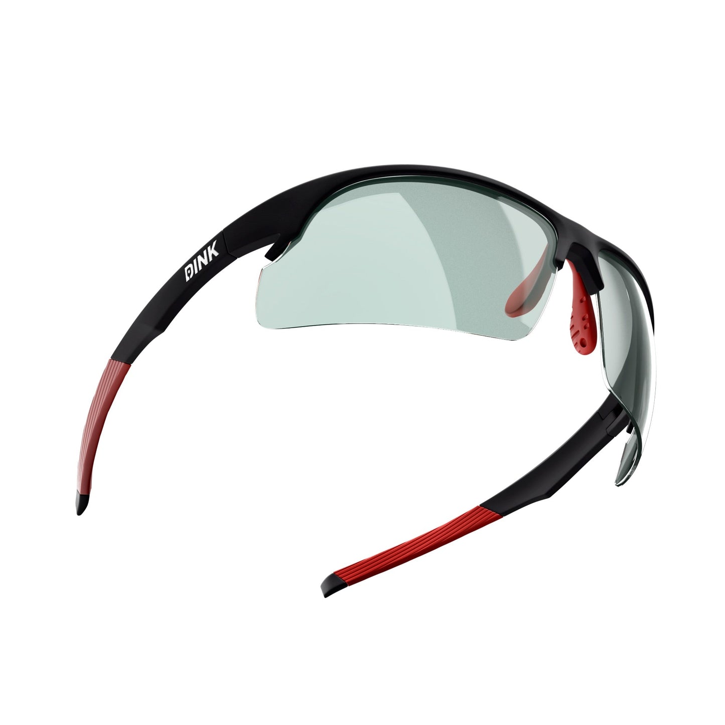 The Daytona Pickleball Sunglasses by Dink Eyewear feature a lightweight, sporty wrap design with a black frame, red rubberized temples, and clear tinted lenses. "Dink Eyewear" is printed in white on the left arm for a modern, aerodynamic look.