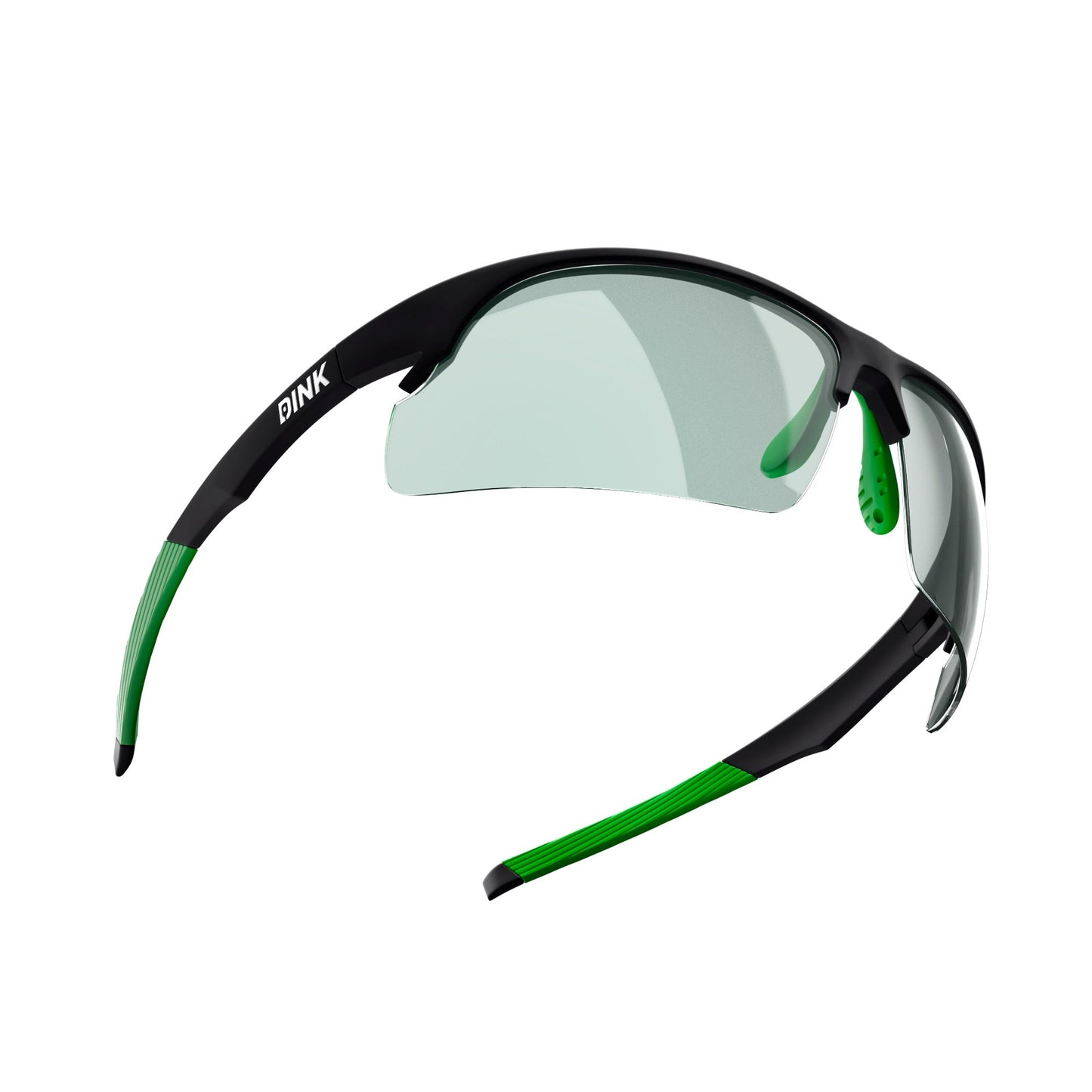 The Daytona Sunglasses - Black Green by Dink Eyewear are sporty wraparound pickleball sunglasses with a lightweight frame, black fronts, green arms marked "PINK" on the left, clear-tinted lenses, and green grips and nose pads for comfort.