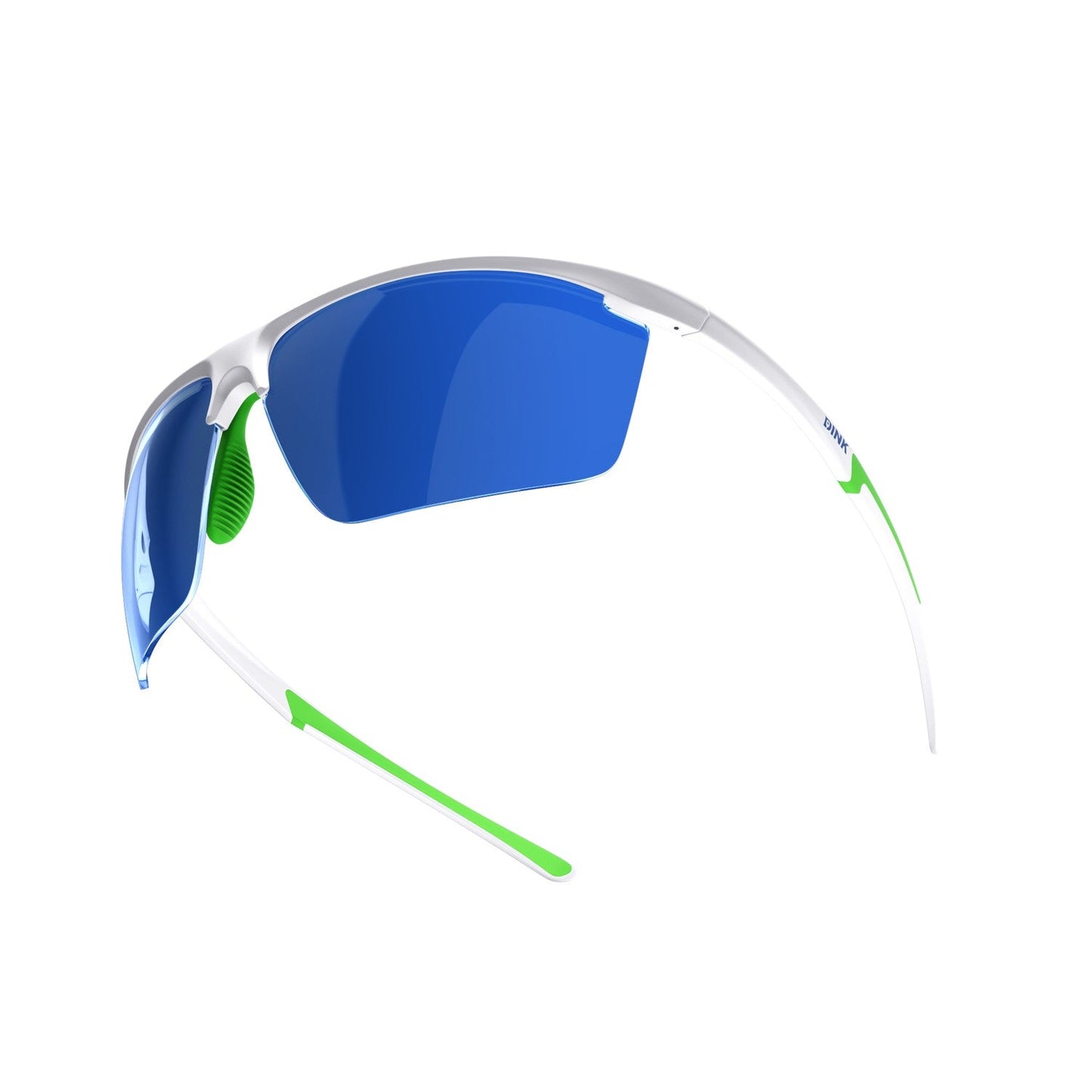 The Dink Eyewear Daytona Petite Large Sunglasses feature a sleek white frame, blue mirrored lenses, and green accents. Their sporty wrap design is perfect for pickleball and athletic use. Shown on a plain white background.