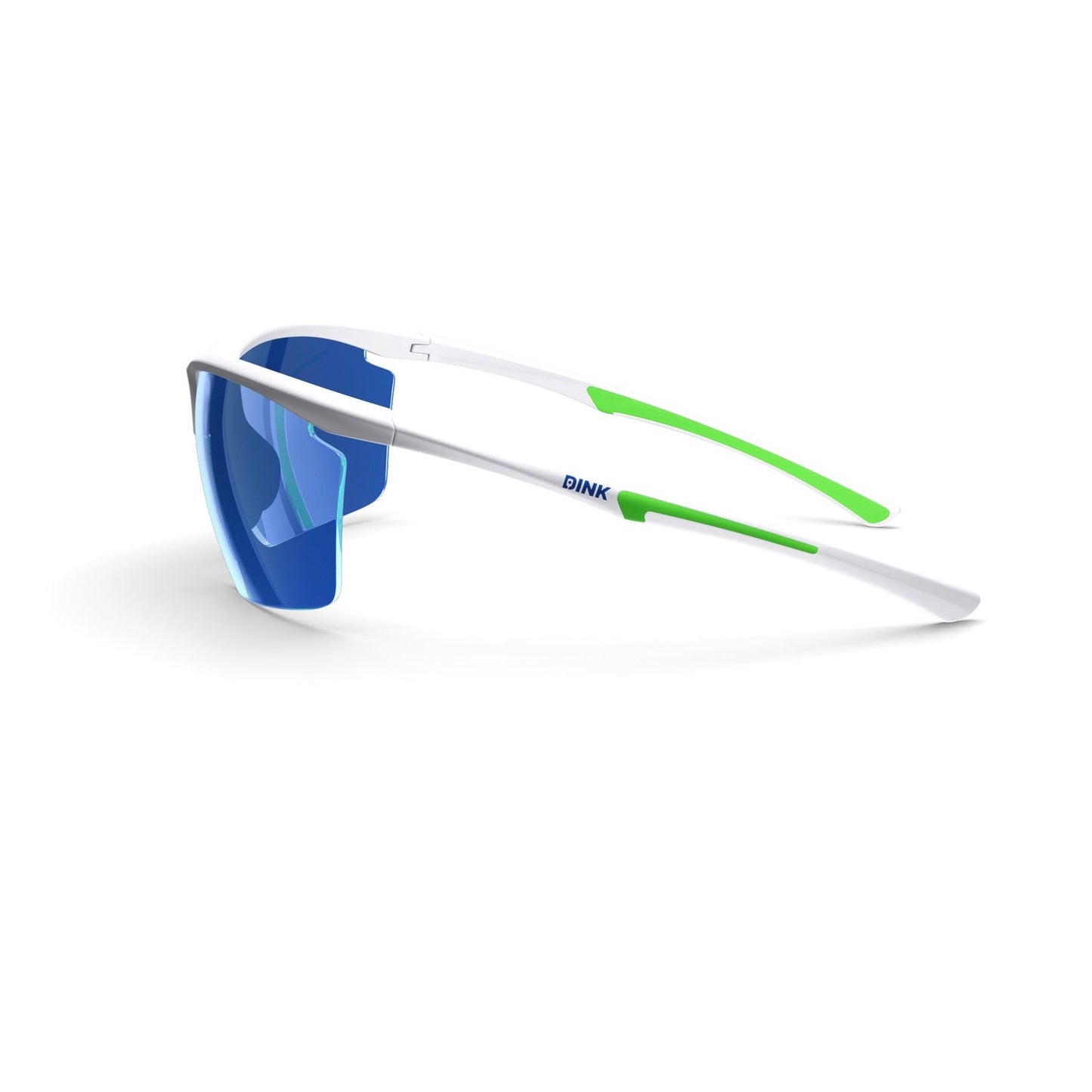 The Daytona Petite Large RX Sunglasses by Dink Eyewear feature a white frame with blue mirrored lenses, green temple accents, and sleek wrap design. Thin curved arms offer a lightweight, secure fit, while DINK branding highlights sporty style.