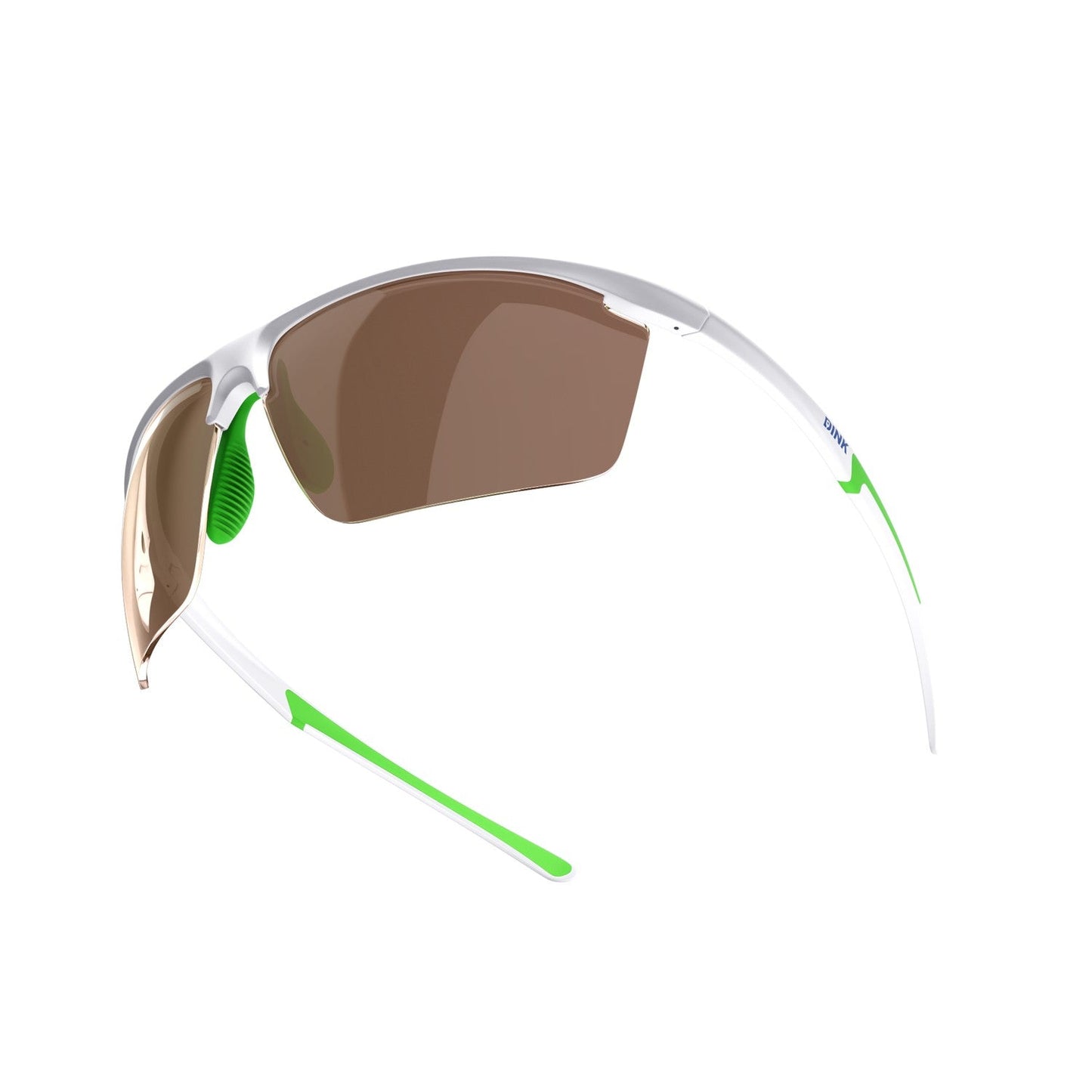 The Dink Eyewear Daytona Petite Large RX Sunglasses in White/Green feature a sporty wrap design, white frame, brown semi-rimless lenses, and green rubberized nose pads—lightweight eyewear shown on a plain white background.