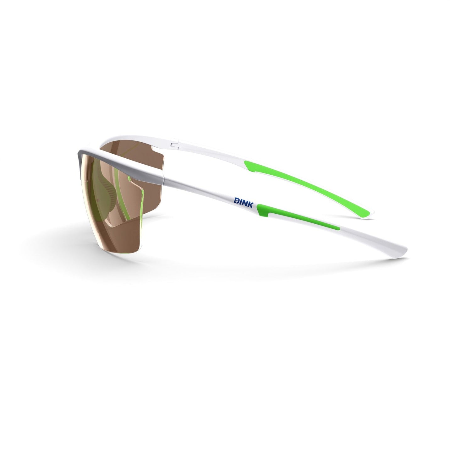 The Daytona Petite Large RX Sunglasses by Dink Eyewear feature sporty white frames, green-accented arms with “DINK” in blue, and brown-tinted lenses—lightweight eyewear perfect for pickleball, shown against a plain white background.