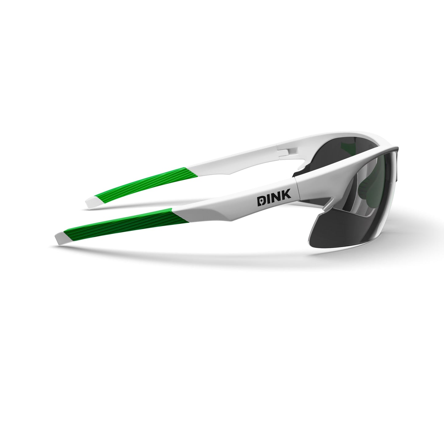 Daytona Sunglasses - White/Green by Dink Eyewear: white semi-rimless sports frames with green-accented arms, wraparound design, black-tinted lenses, and "DINK" in black on the left arm. Plain white background.