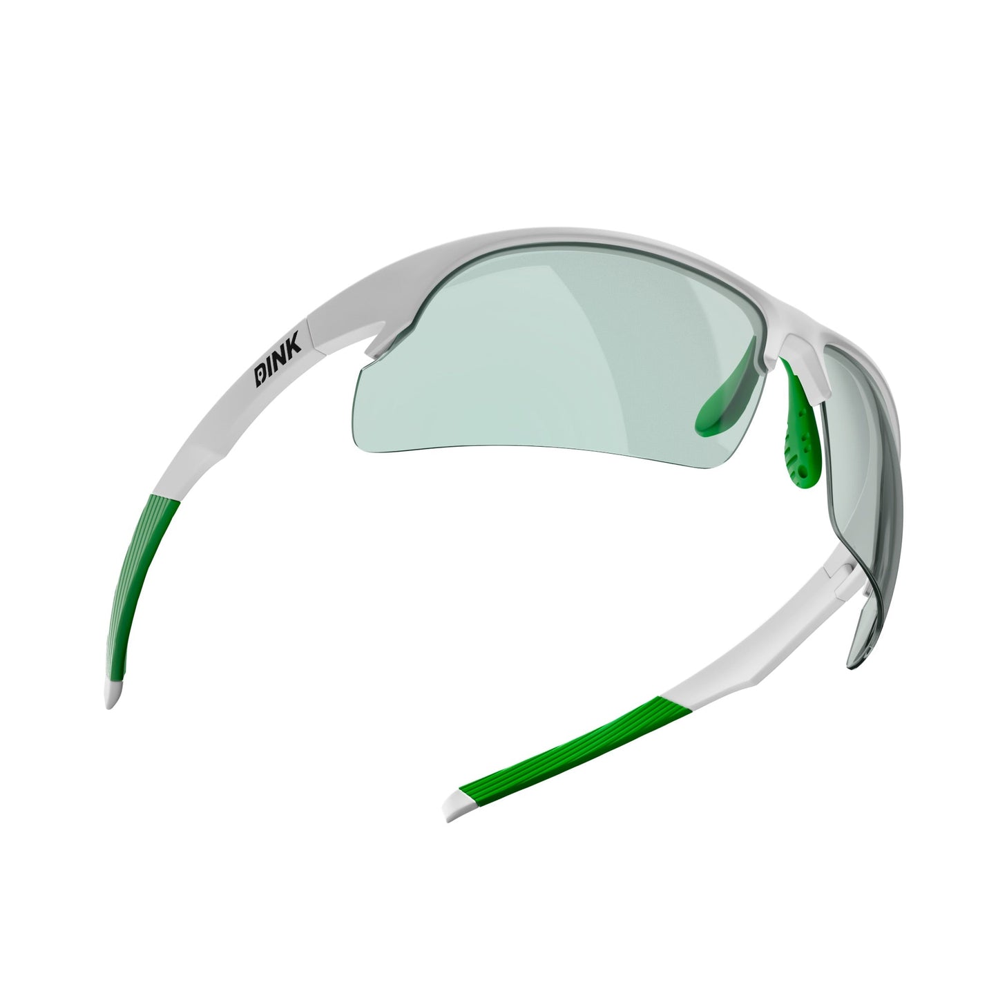 The Dink Eyewear Daytona Pickleball Sunglasses in White/Green feature a sporty wrap design, green accents, green-tinted lenses, adjustable nose pads, and a black DINK logo—ideal for pickleball players seeking comfort and style.