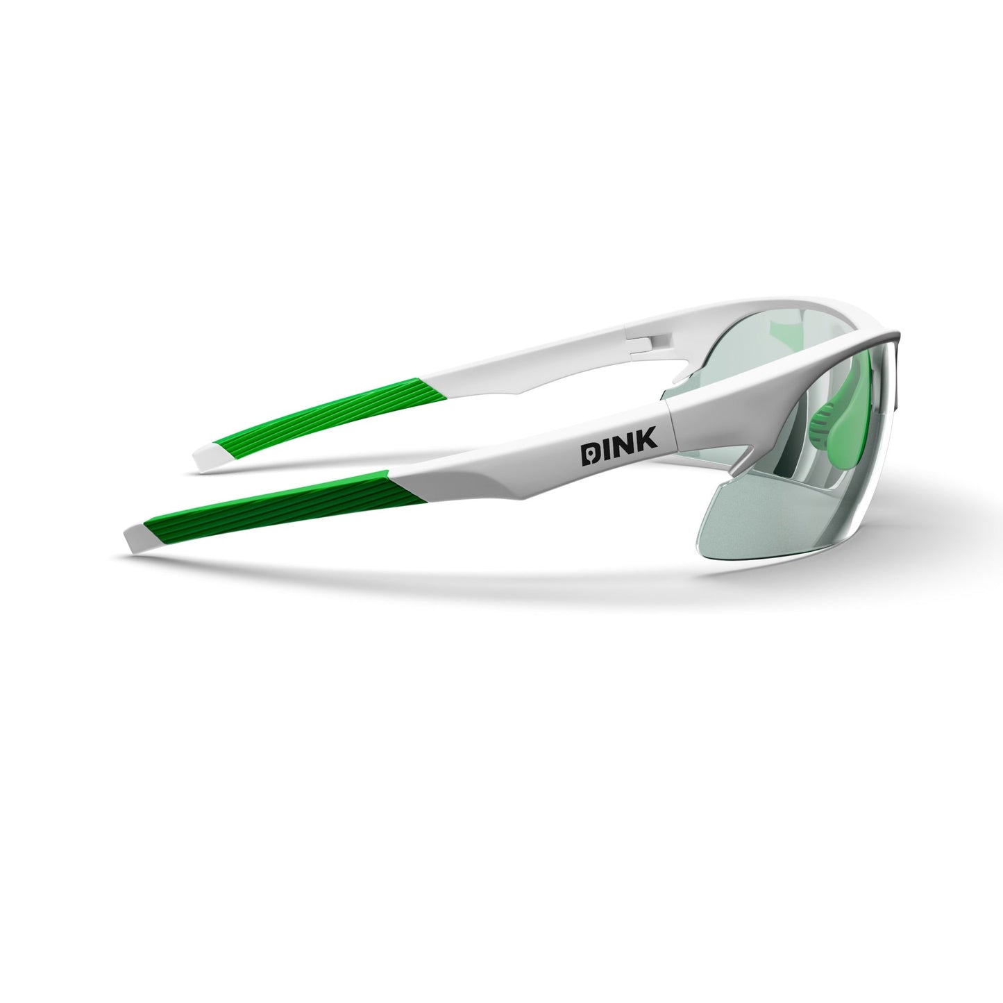 The Dink Eyewear Daytona Pickleball Sunglasses in White/Green feature a sporty, modern frame and semi-rimless, light green-tinted lenses—ideal for pickleball players seeking style and performance.