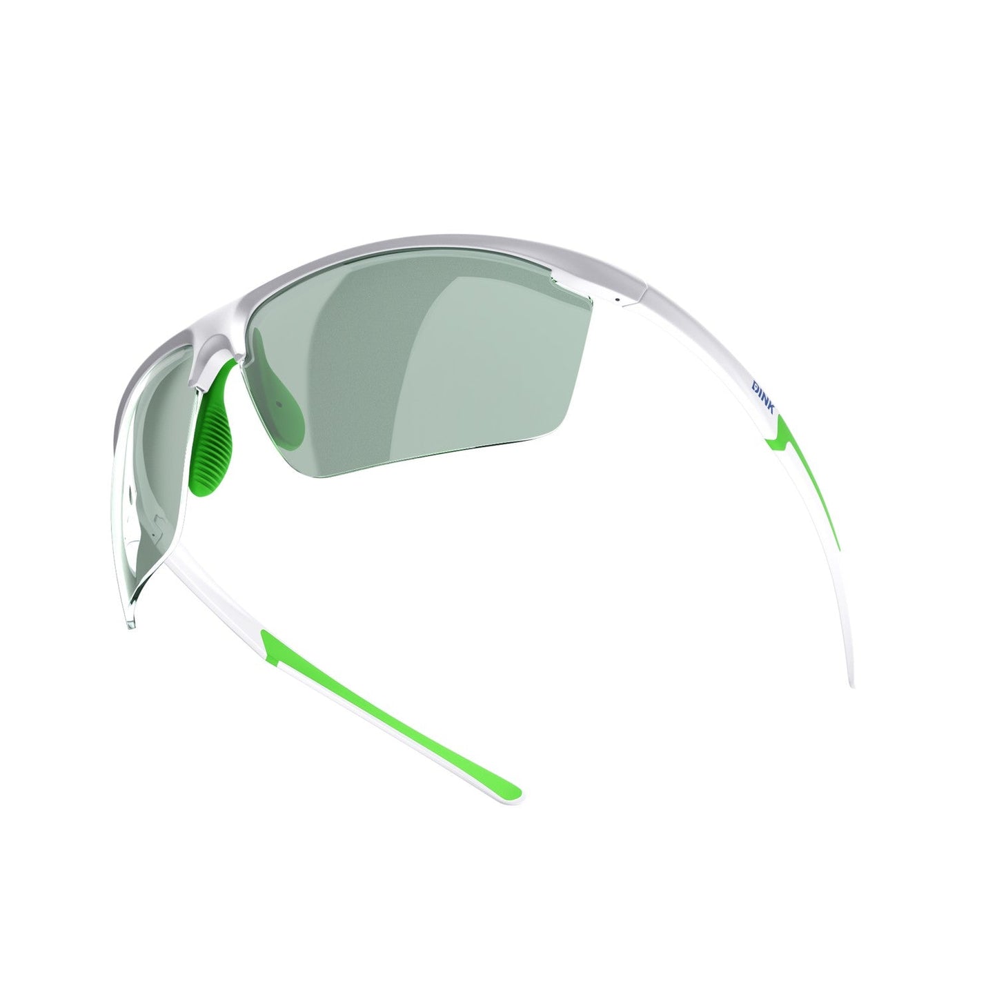 The Daytona Petite Large RX Pickleball Sunglasses by Dink Eyewear feature a sleek white semi-rimless frame, green accents, and sporty wrap design—ideal for pickleball enthusiasts seeking stylish coverage and comfort.