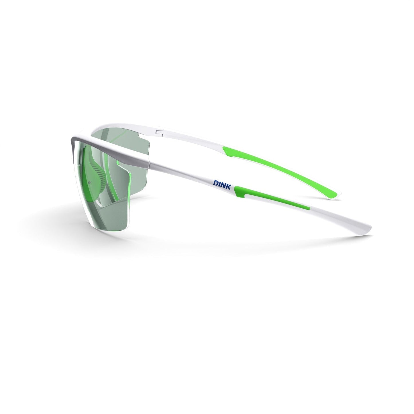 The Daytona Petite Large RX Pickleball Sunglasses by Dink Eyewear feature a sporty wrap design with white frames, green arm accents, and semi-rimless slightly mirrored green lenses. The blue DINK logo appears on the frame. Shown on a white background.