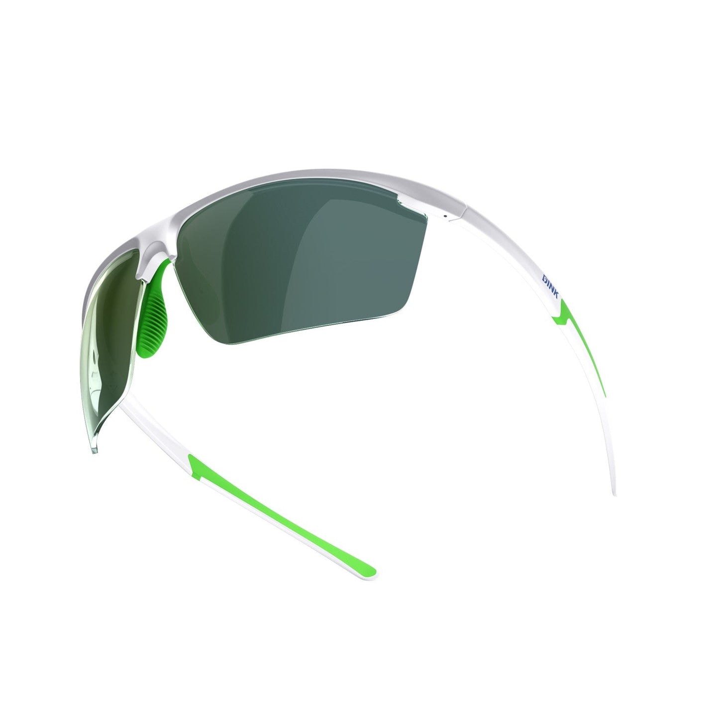 The Dink Eyewear Daytona Petite Large RX Sunglasses in White/Green feature a sporty wrap design, dark green lenses, and green accents on the temple tips and nose pads—lightweight and perfect for pickleball.
