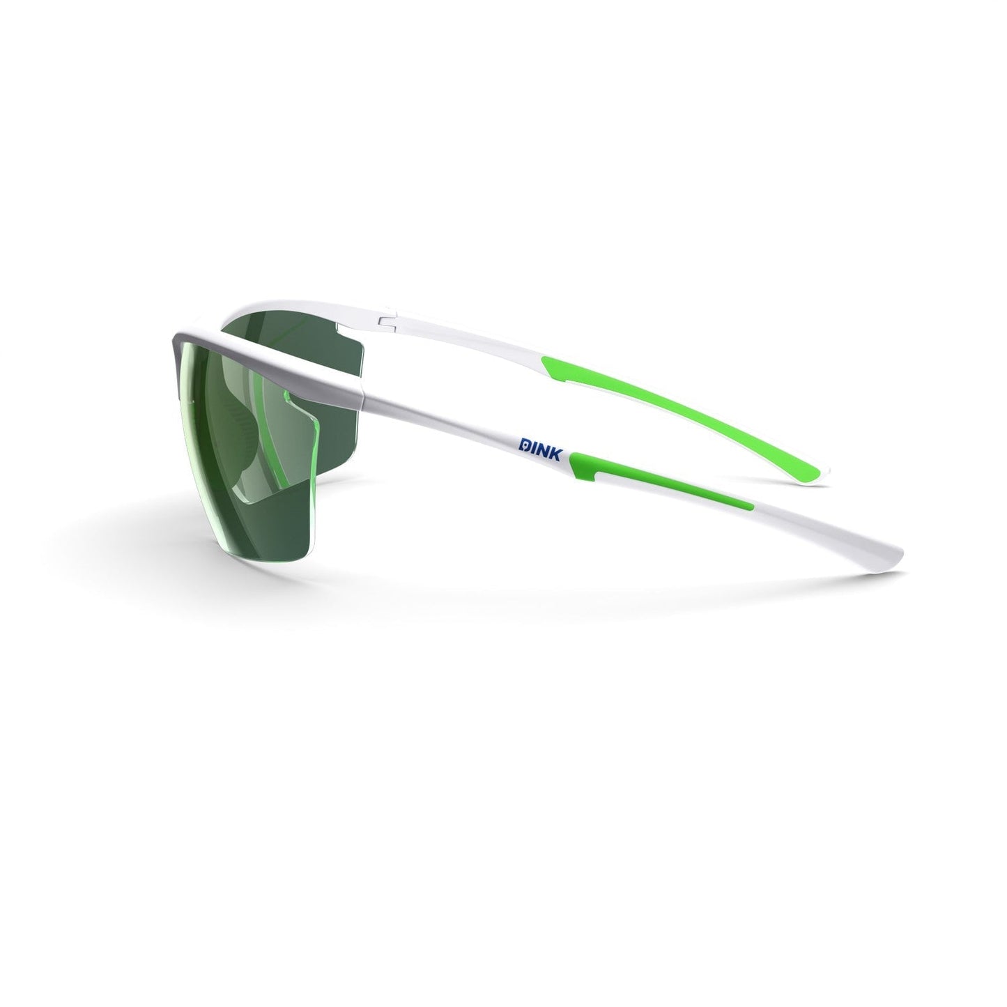 The Daytona Petite Large Pickleball Sunglasses by Dink Eyewear feature a white wrap design, green ear grips, and green-tinted lenses. “DINK” in blue appears on the arm—ideal for pickleball players. Shown on a plain white background.