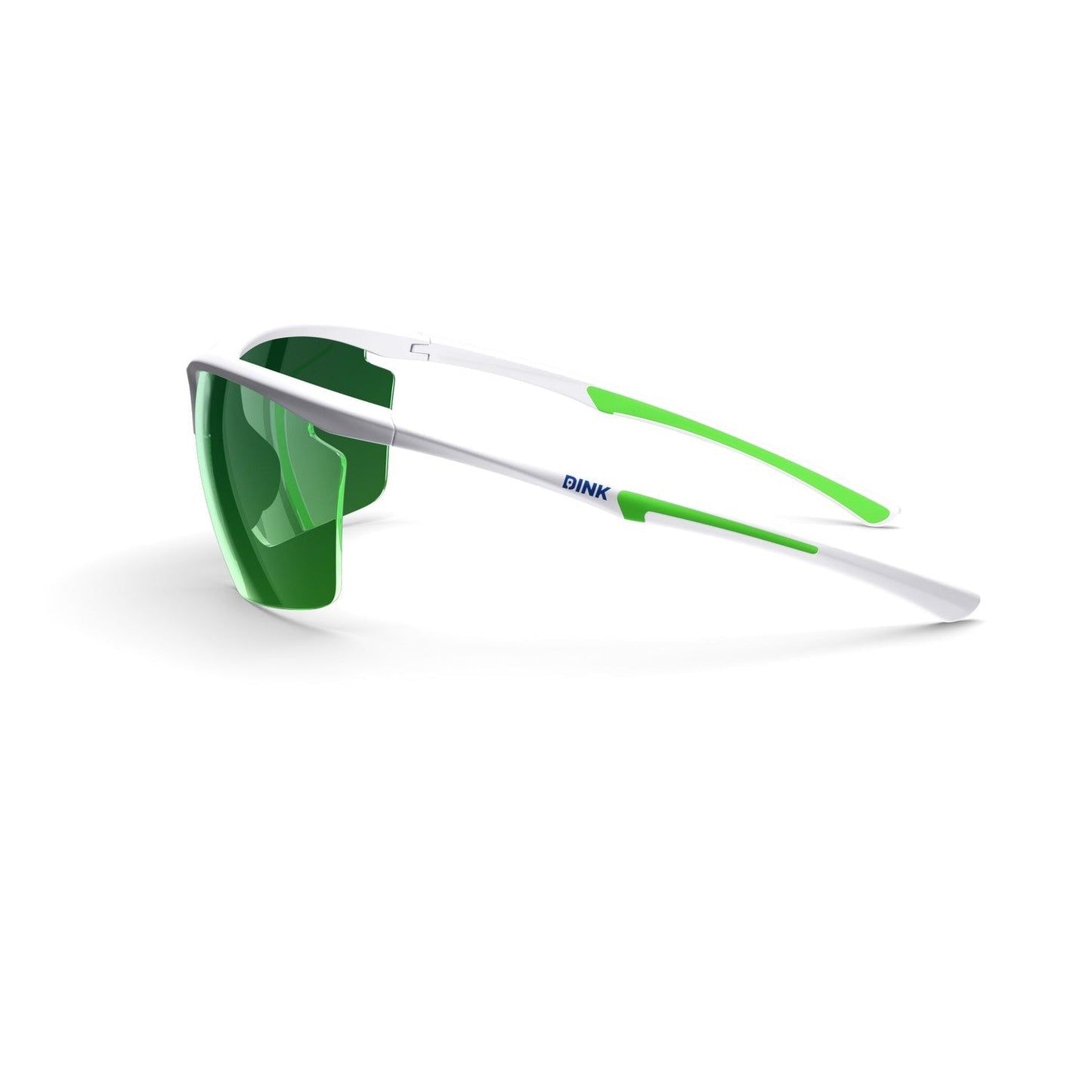 The Daytona Petite Large Pickleball Sunglasses by Dink Eyewear feature a sleek wrap design with white frames, green arms, and green-tinted lenses. Blue "DINK" branding accents the side; curved arms provide a secure fit—perfect for pickleball players.