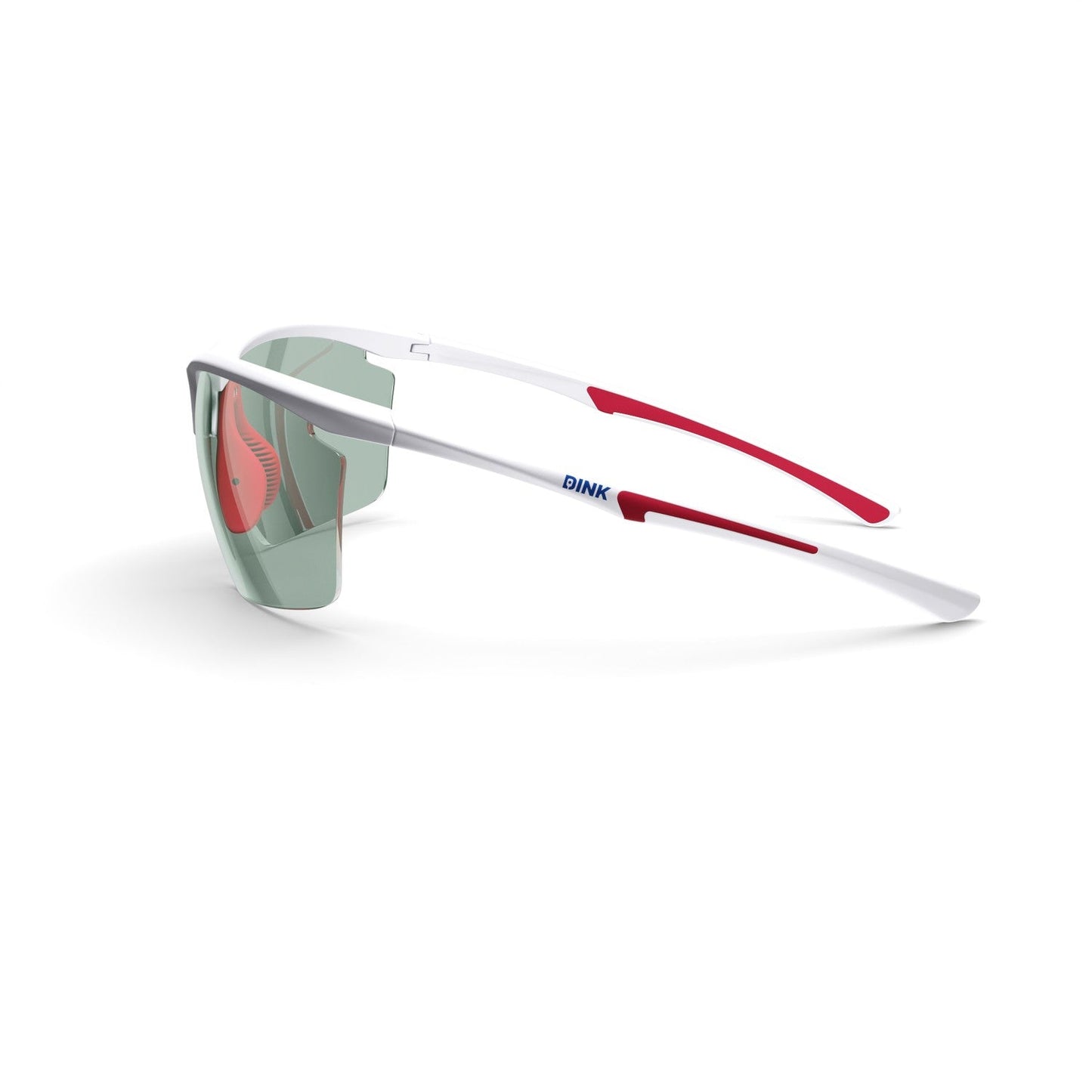The Daytona Petite Large RX Sunglasses by Dink Eyewear feature lightweight white frames, red-accented slim arms, blue “DINK” branding on the left arm, and mirrored green lenses—perfect sporty eyewear for pickleball enthusiasts.