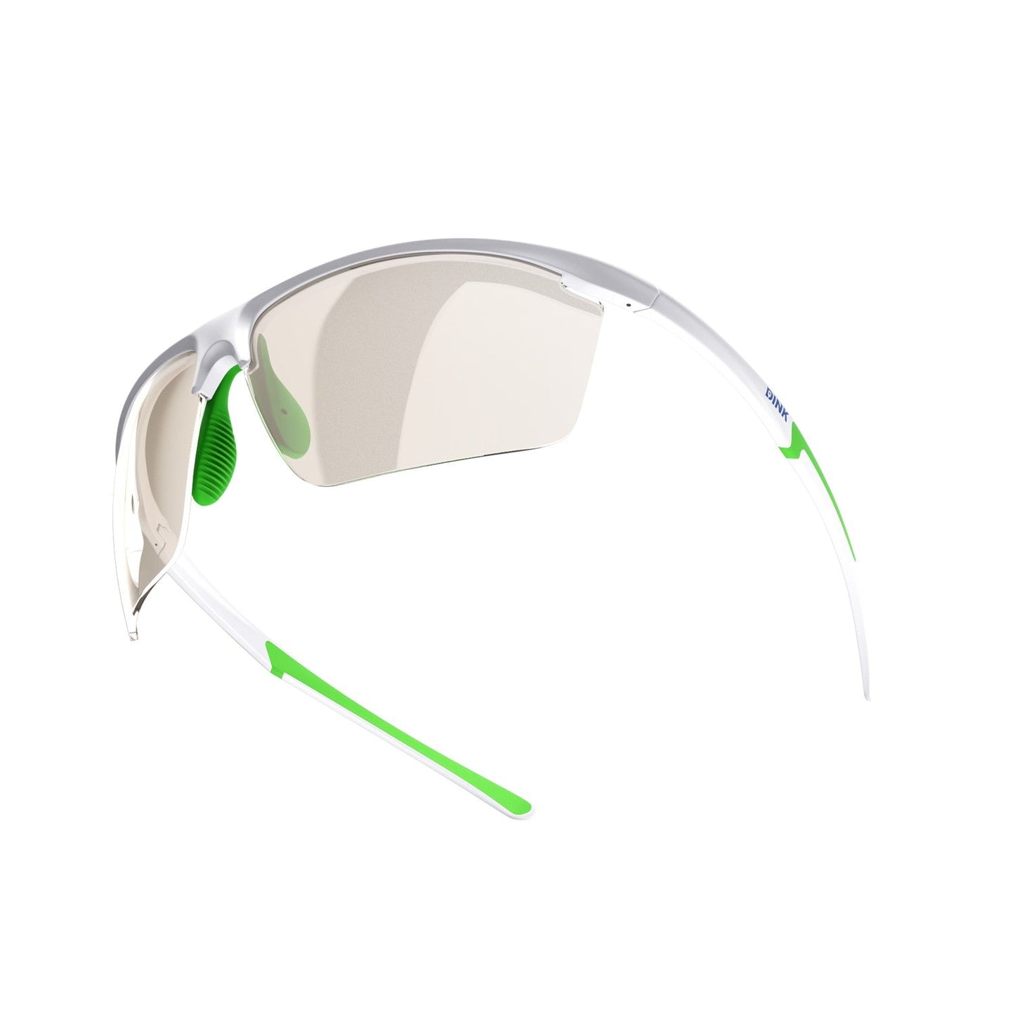 Dink Eyewear’s Daytona Petite Large Pickleball Sunglasses in White/Green feature a sleek frame, beige lenses, green nose pads, and temple accents—ideal sporty wrap design for athletic or outdoor activities.