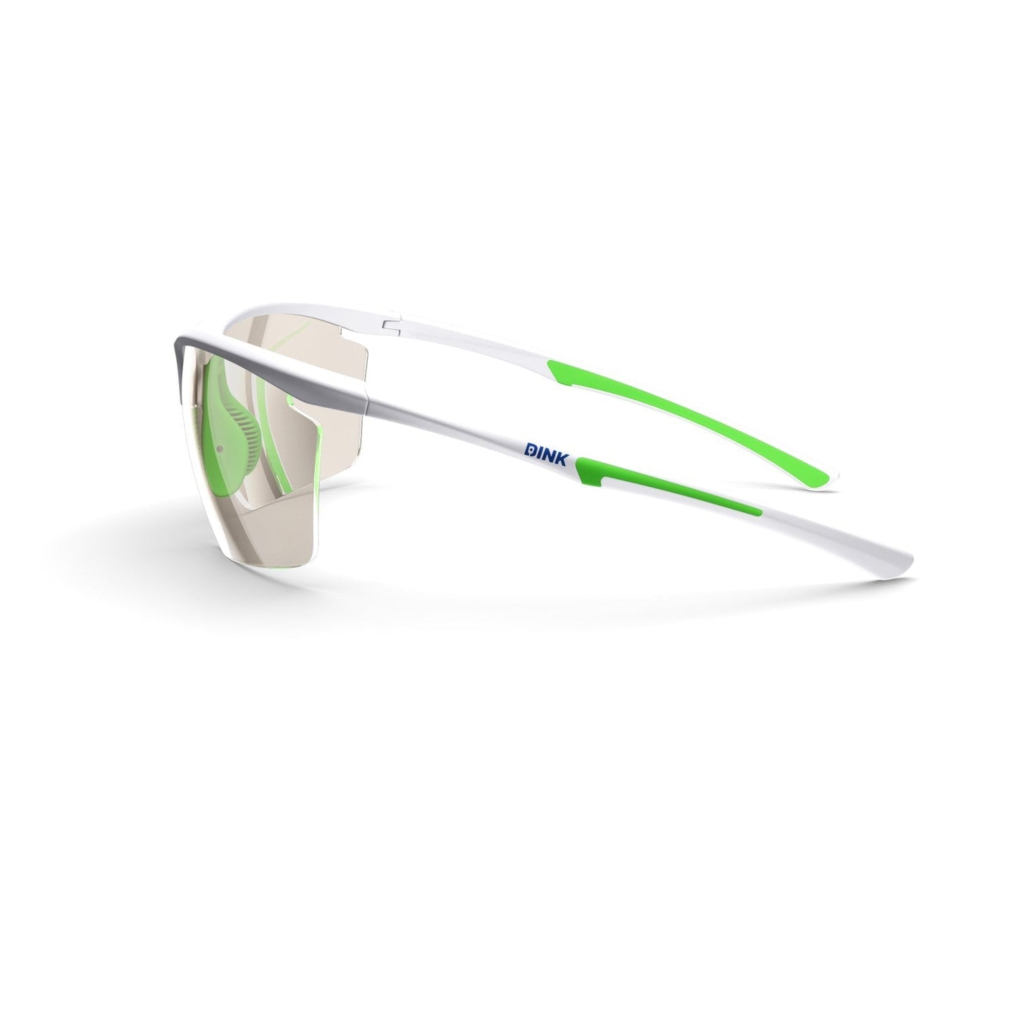 The Daytona Petite Large RX Pickleball Sunglasses by Dink Eyewear feature a white semi-rimless frame with green temple accents, a single clear lens, and the “DINK” logo in blue on the side for a modern look.