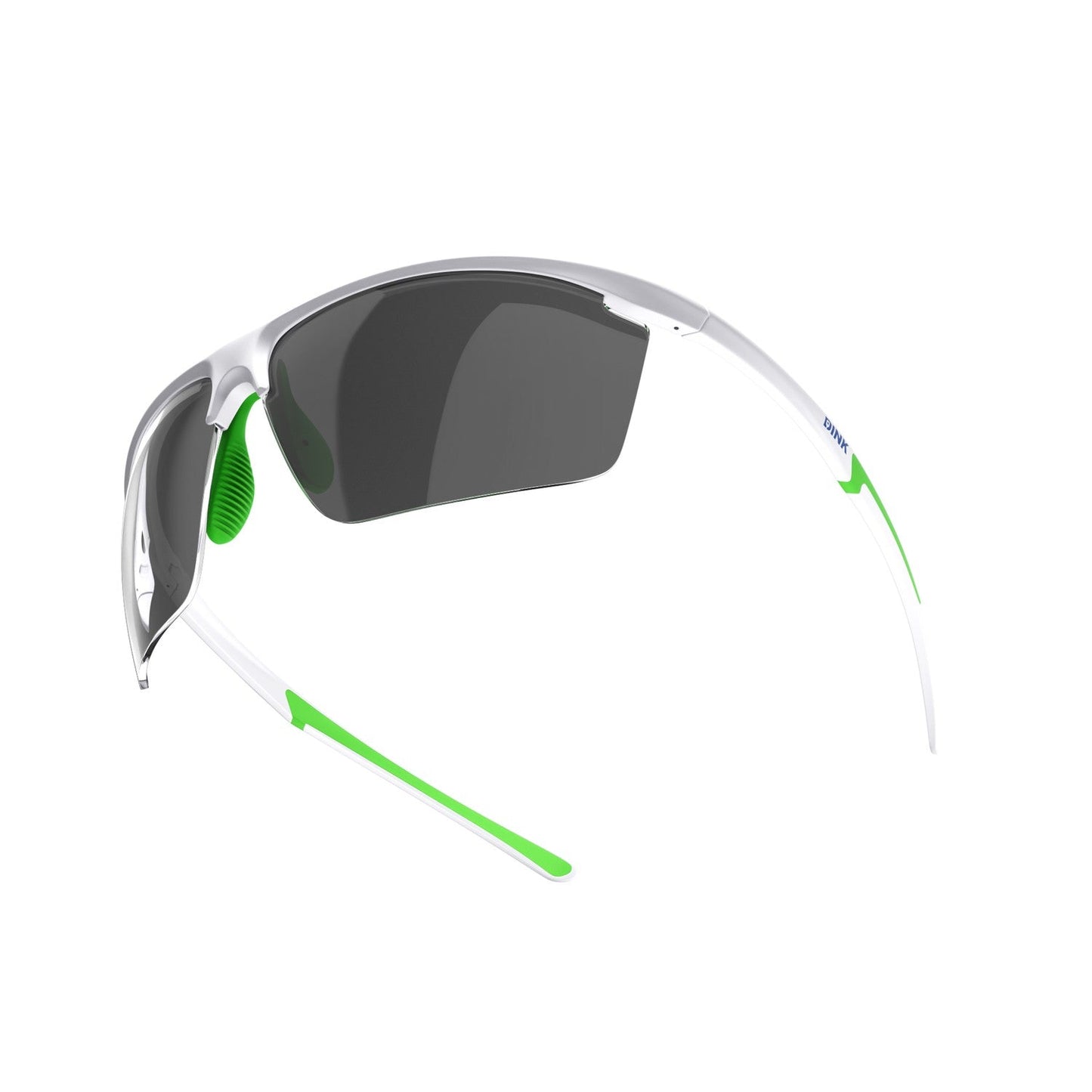 The Dink Eyewear Daytona Petite Large RX Pickleball Sunglasses feature a semi-rimless white frame, black wraparound lenses, and green accents on the nose pad and temple tips for a sporty, lightweight look against a white background.