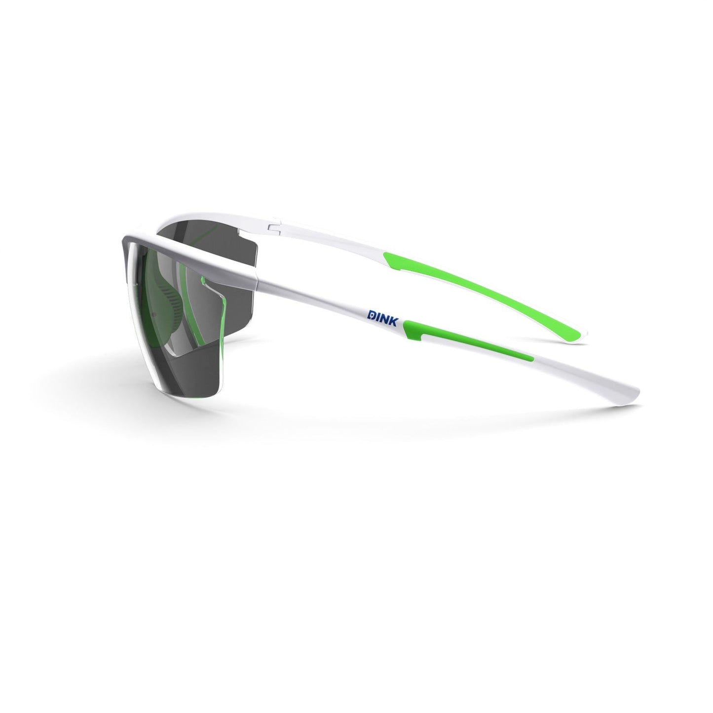 The Daytona Petite Large RX Sunglasses by Dink Eyewear feature a sporty wrap design with white frames, green arm accents, mirrored gray lenses, and “DINK” in blue by the hinge—lightweight and perfect for athletic or pickleball use.