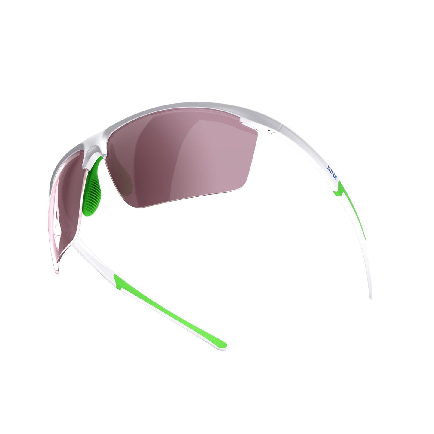 The Daytona Petite Large Pickleball Sunglasses by Dink Eyewear feature a sleek white frame, pink-tinted semi-rimless lenses, and bold green accents—ideal for pickleball players. Shown against a plain white background.