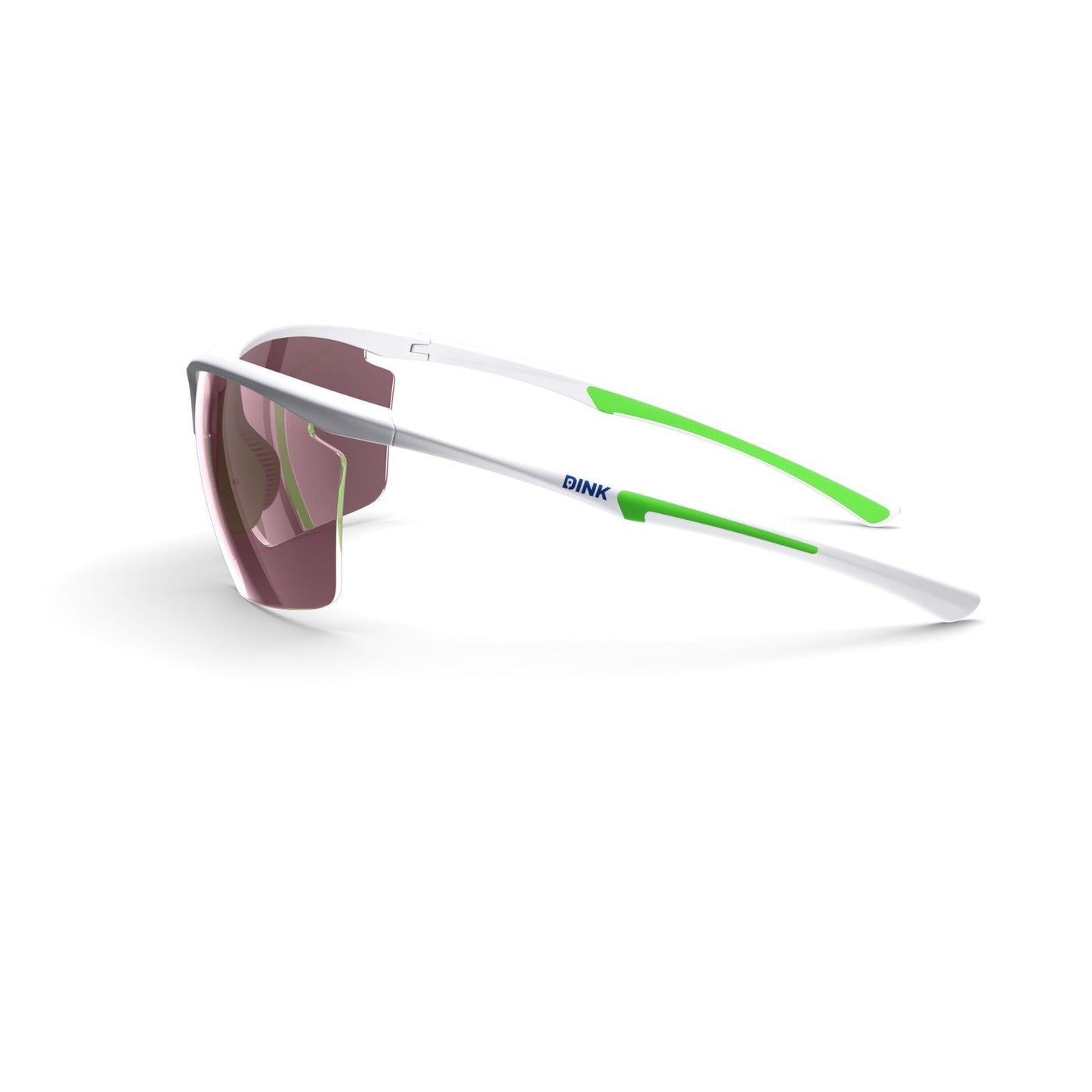 The Daytona Petite Large Pickleball Sunglasses by Dink Eyewear feature a white frame with green accents and pink wraparound lenses, plus "DINK" in blue on the side—a stylish, modern choice for pickleball enthusiasts.