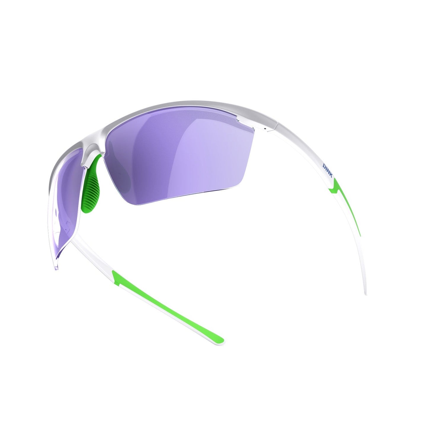 The Daytona Petite Large RX Pickleball Sunglasses by Dink Eyewear feature a white semi-rimless frame, purple-tinted lenses, and green nose pads and earpiece accents, shown at a three-quarter angle on a white background.