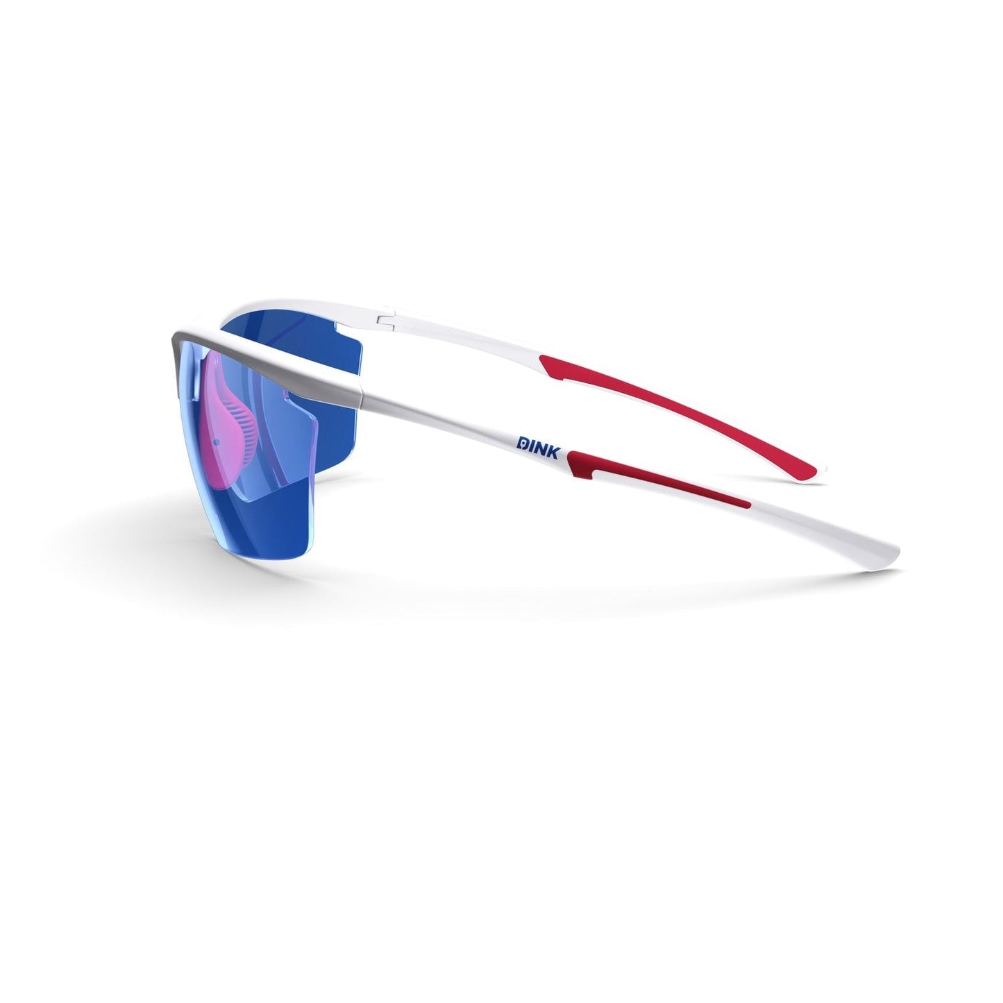 The Daytona Petite Large Pickleball Sunglasses by Dink Eyewear feature a lightweight white frame with red accents, sporty blue semi-rimless wrap lenses, and the Dink logo in blue near the hinge.