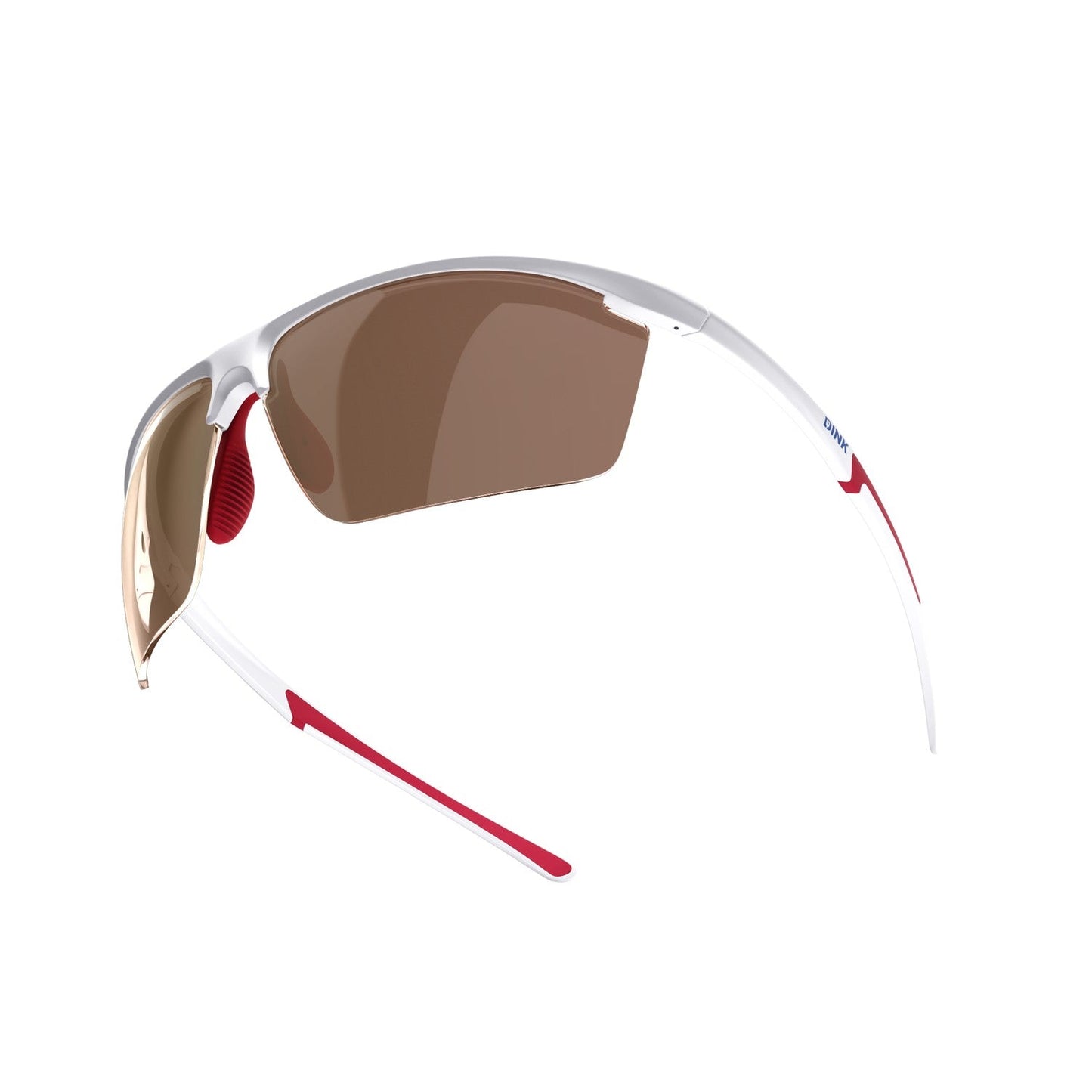 The Dink Eyewear Daytona Petite Large RX Sunglasses feature a white lightweight frame with red ear tips and nose pads, semi-rimless brown wrap lenses, and a modern aerodynamic design—perfect for active lifestyles. Background is plain white.