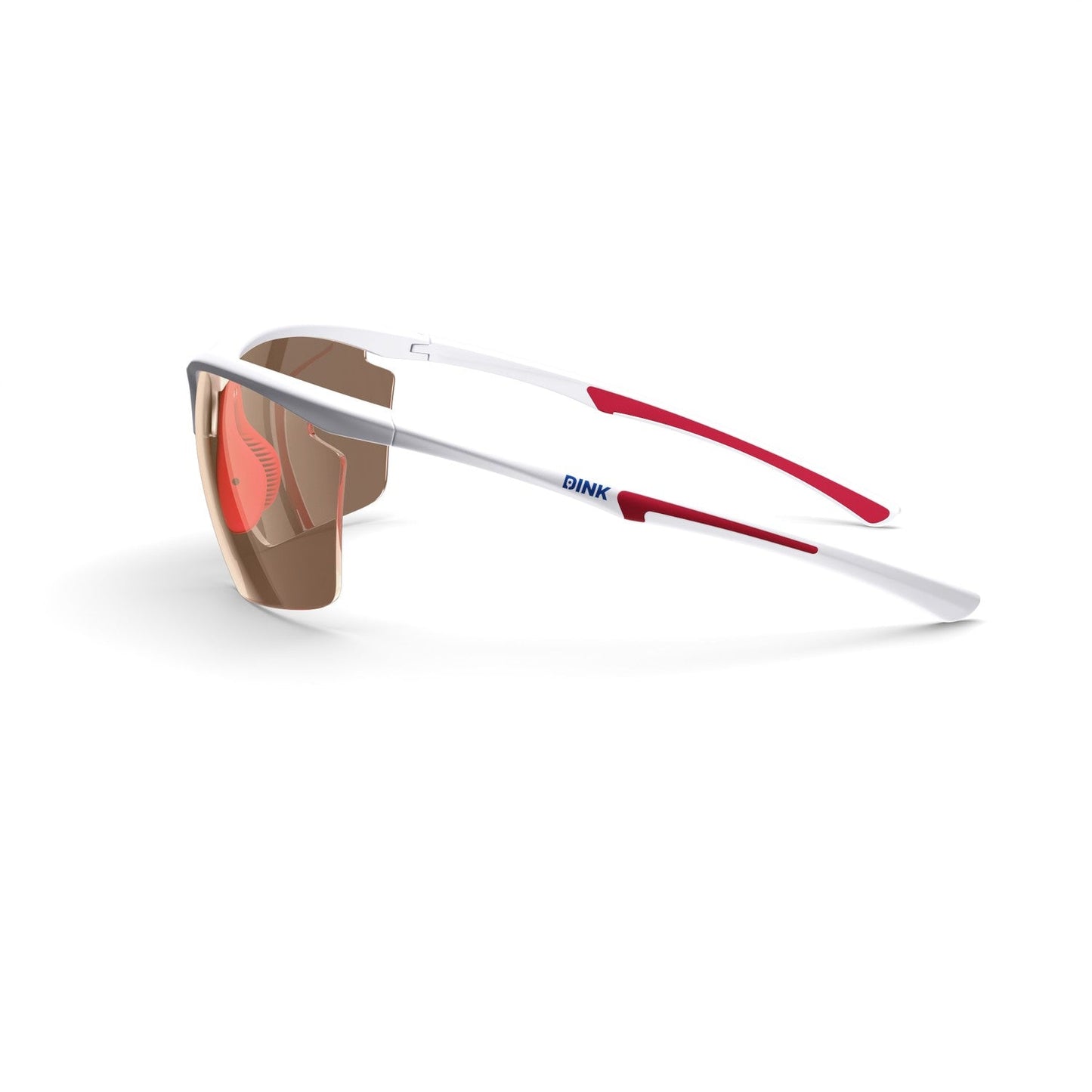 The Daytona Petite Large Pickleball Sunglasses by Dink Eyewear feature a lightweight, sporty wrap design with white and red arms, brown-tinted lenses, thin frame, blue "DINK" logo on the arm, and red rubberized accents for grip.